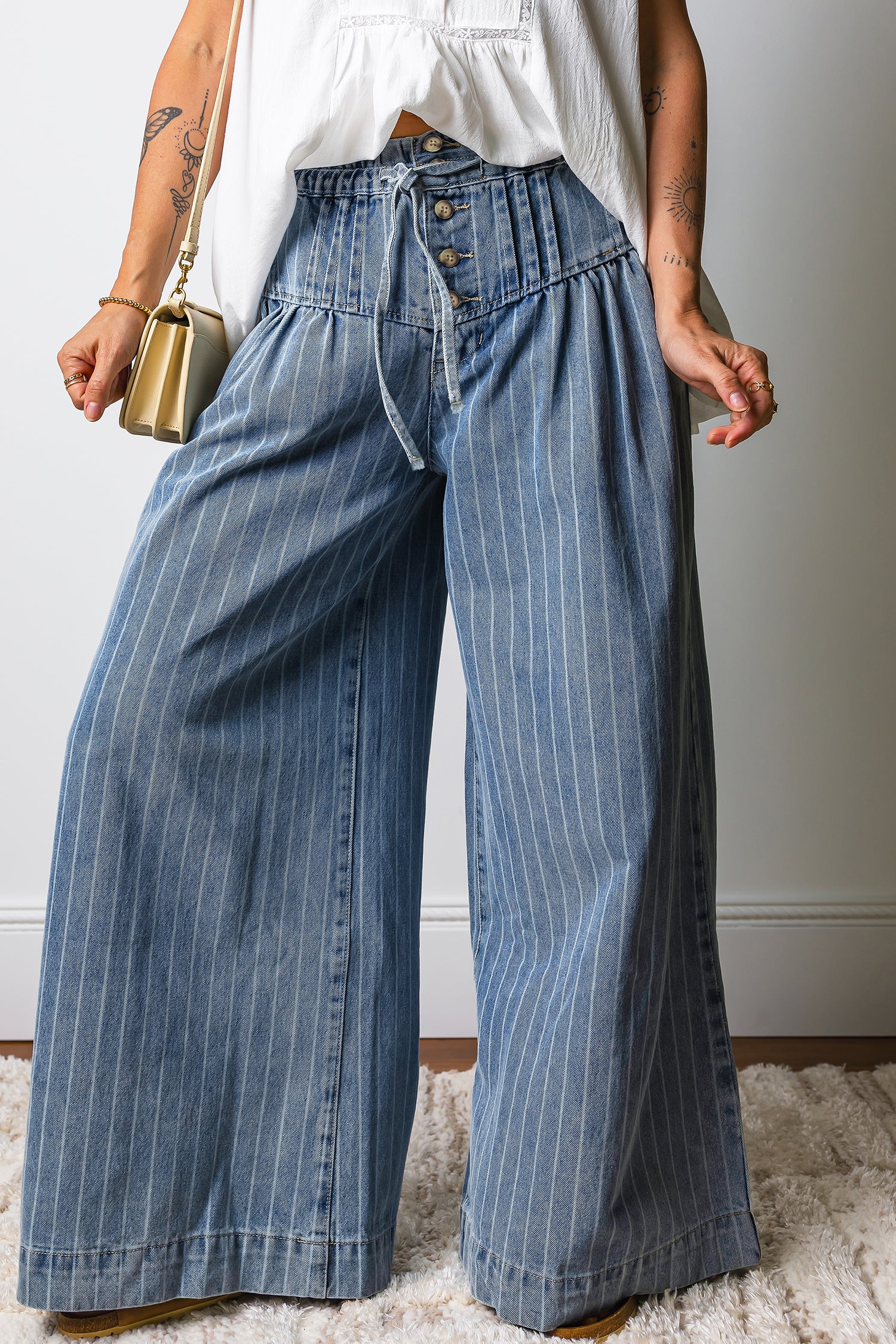 Mostly Cotton Sky Blue Stripe Button Pleated Drawstring Wide Leg Jeans