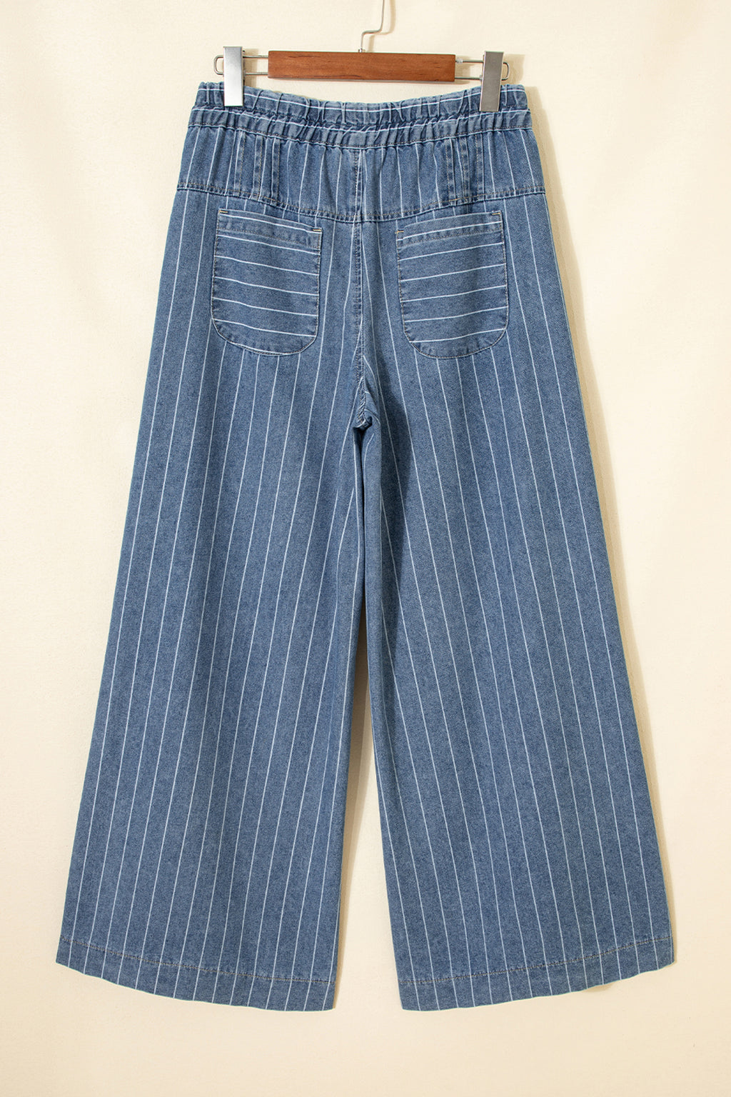 Mostly Cotton Sky Blue Stripe Button Pleated Drawstring Wide Leg Jeans