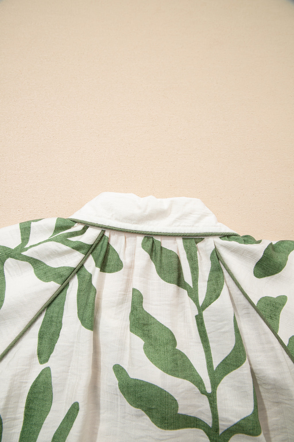 Green Leaf Print Short Balloon Sleeve Shirt