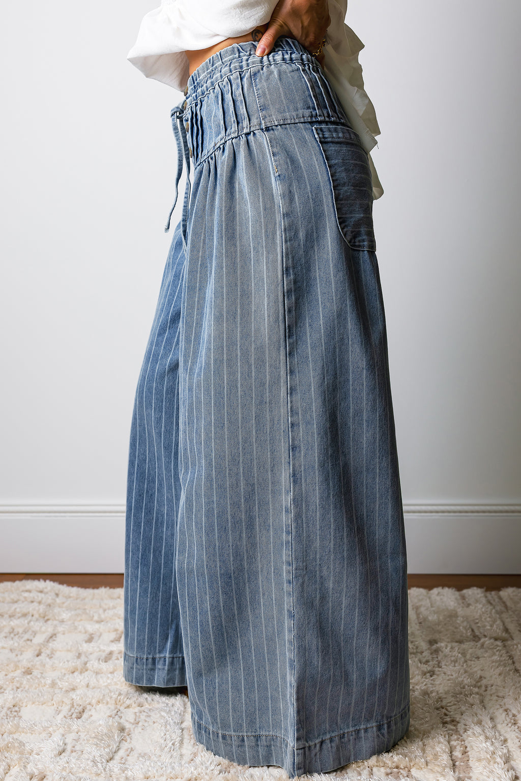 Mostly Cotton Sky Blue Stripe Button Pleated Drawstring Wide Leg Jeans