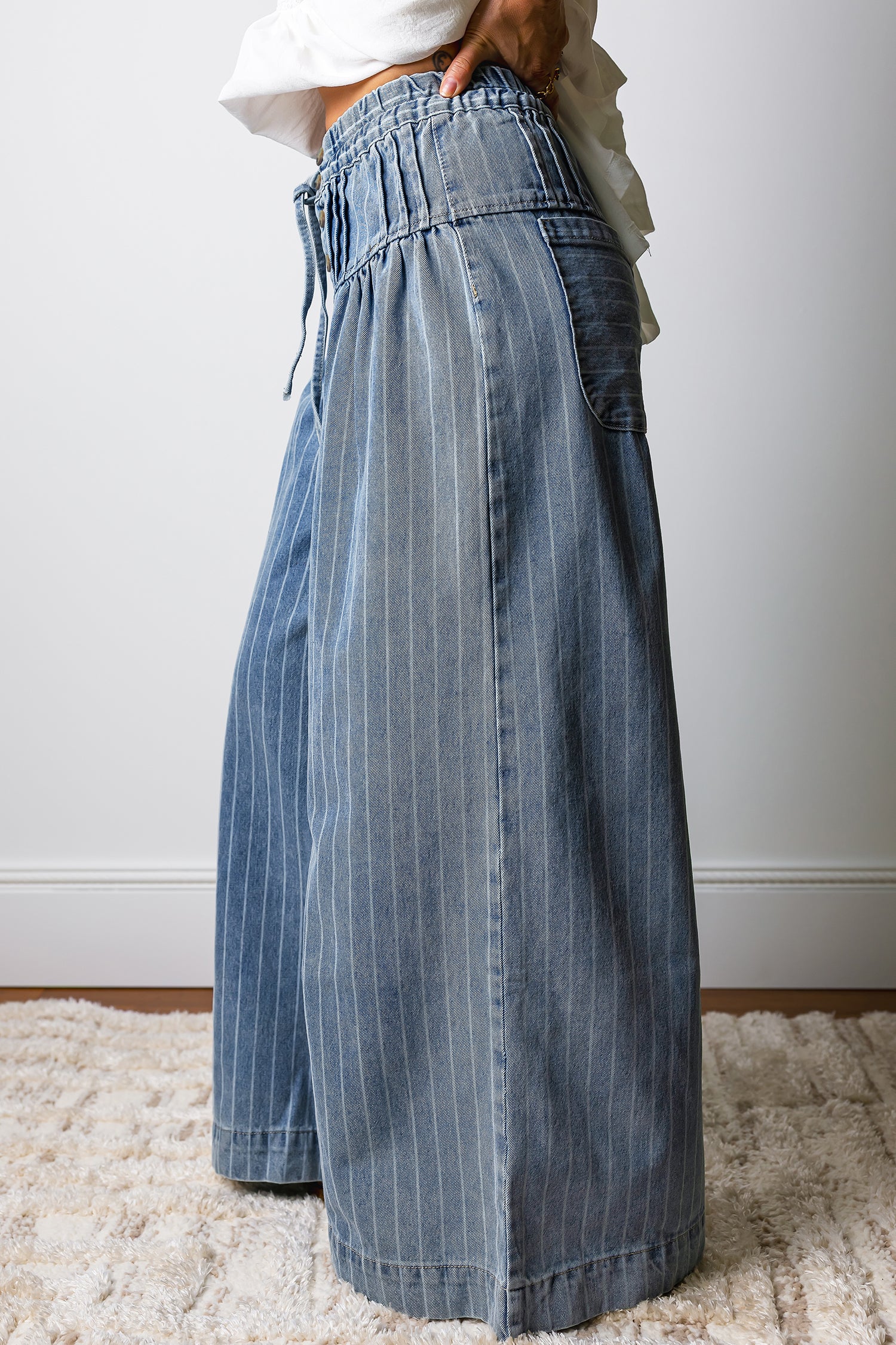 Mostly Cotton Sky Blue Stripe Button Pleated Drawstring Wide Leg Jeans