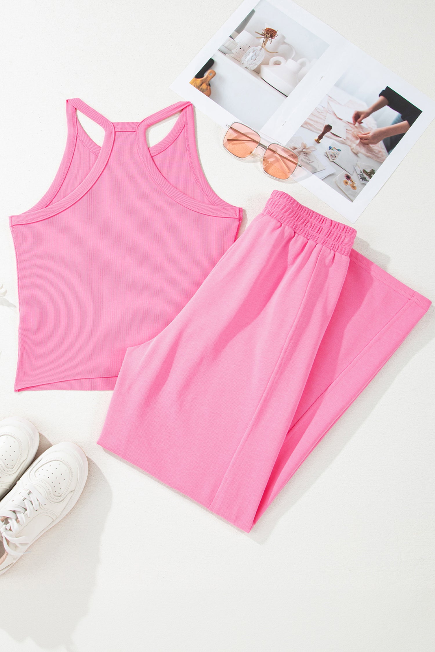 Elastic Sachet Pink Ribbed Tank Top and Sweatpants Set