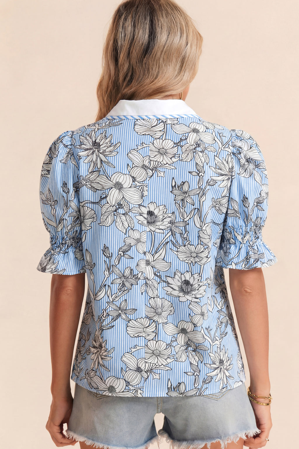 Sky Blue Floral Striped Polo Collar Short Sleeve Stretchy/Cotton Blouse