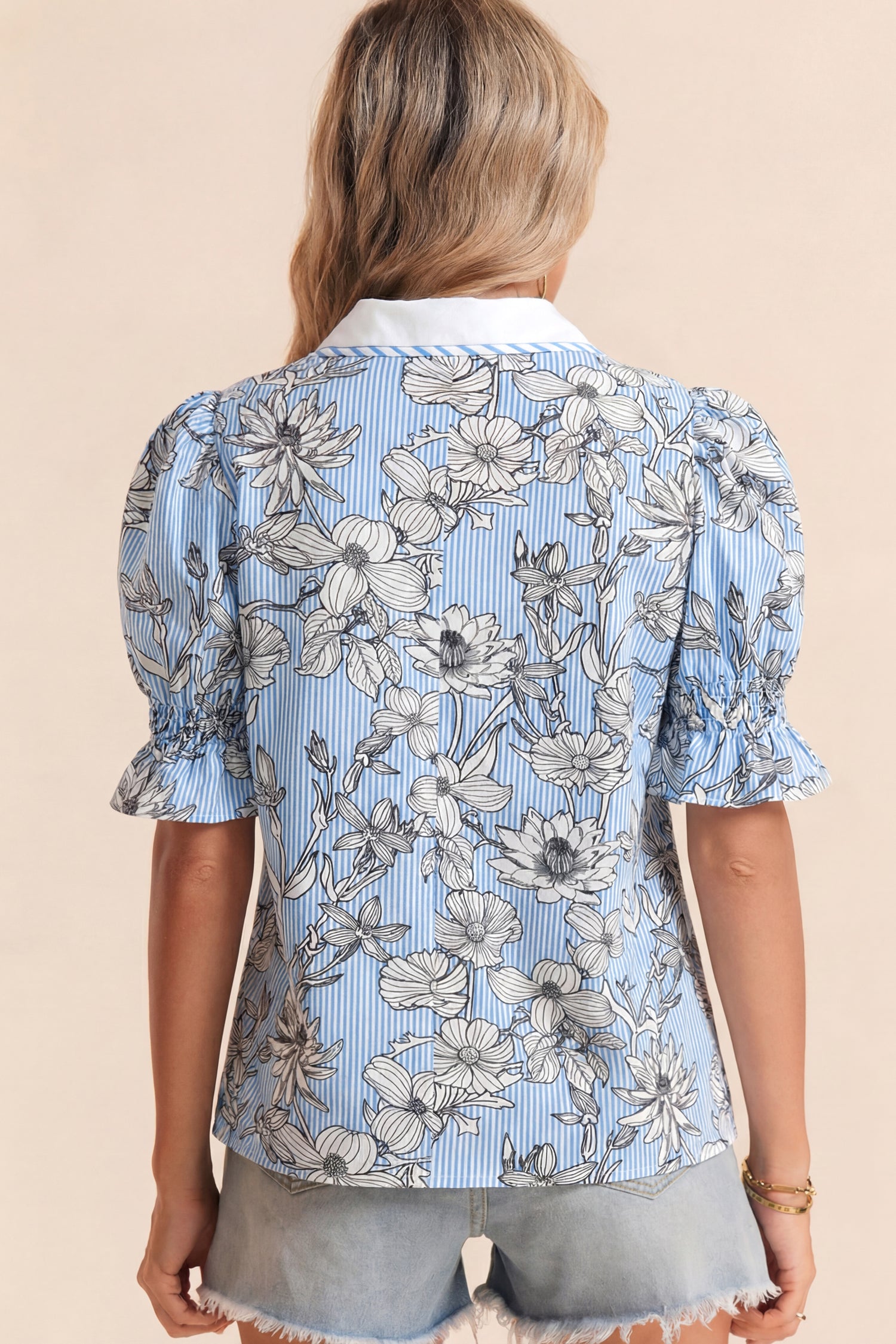 Sky Blue Floral Striped Polo Collar Short Sleeve Stretchy/Cotton Blouse