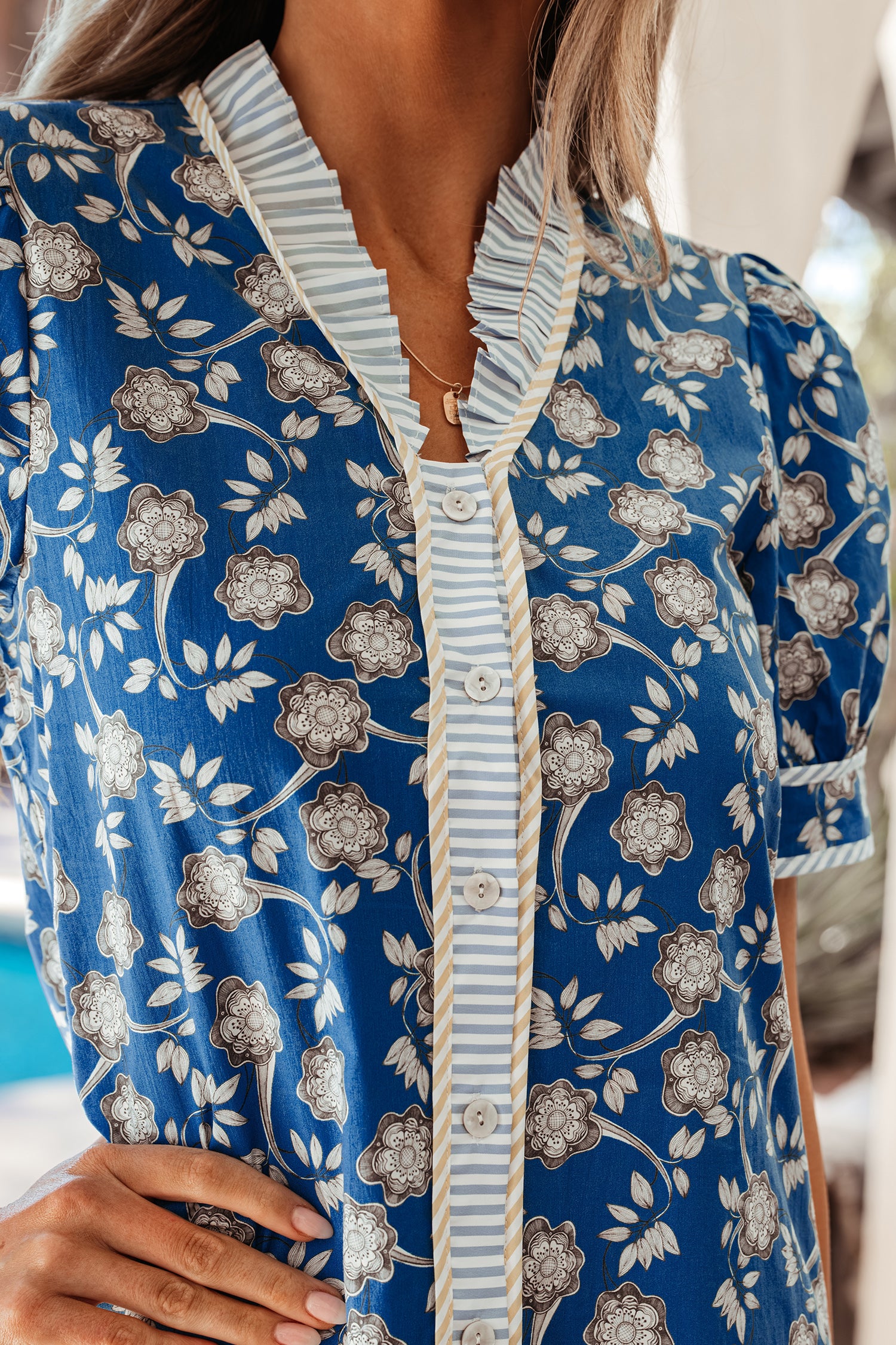 100% Cotton Blue Striped Trim Half Buttons Short Sleeve Floral Dress