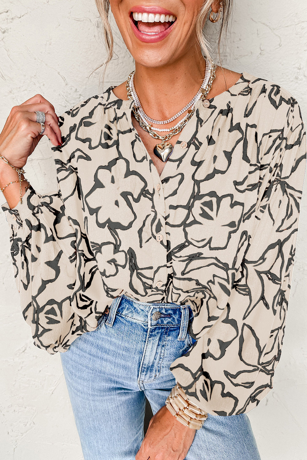 Gray Floral Print Batwing Sleeve Buttoned Loose Fit Shirt