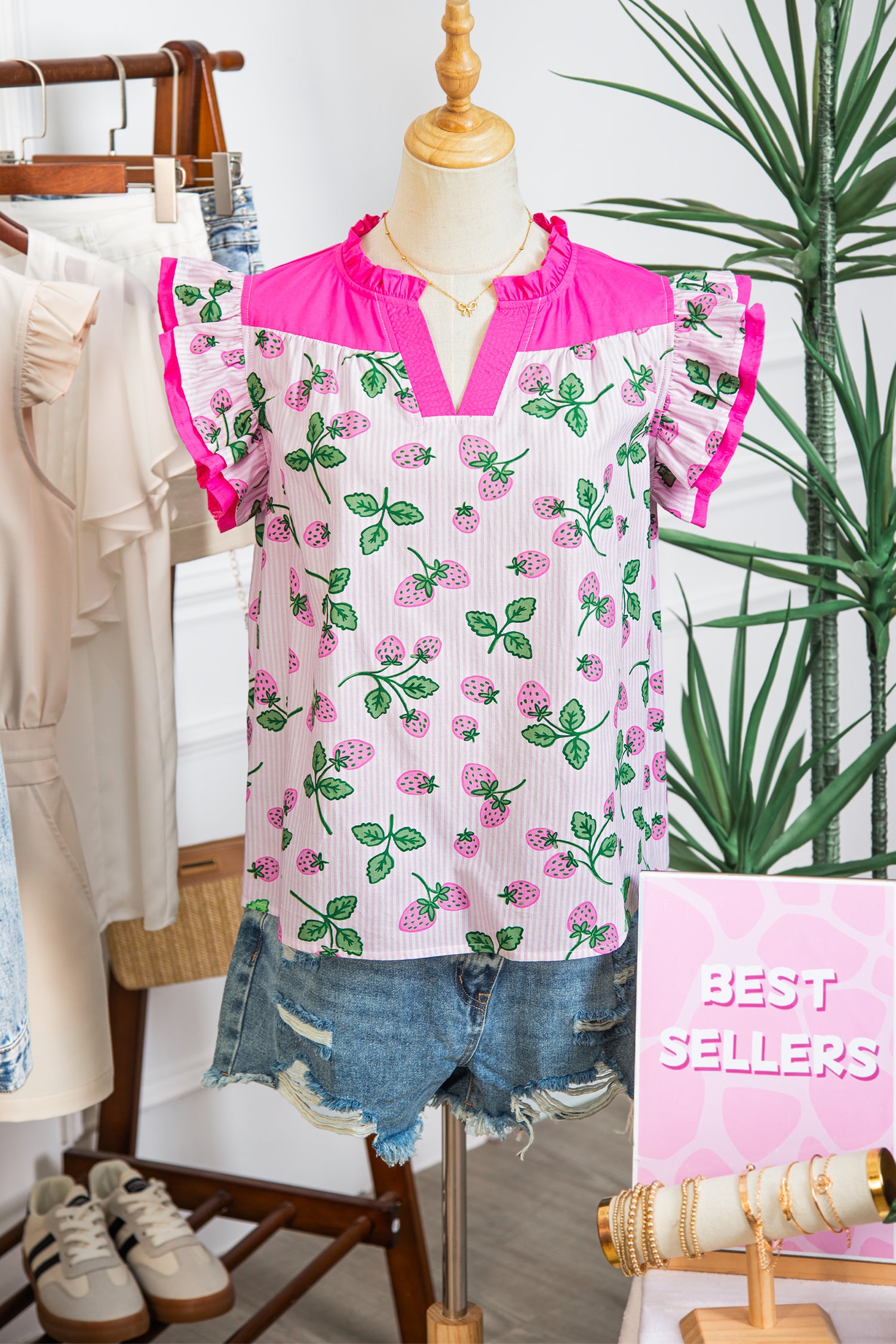 Cotton Blend Pink Striped Strawberry Printed Color Block Patchwork V Neck Flutter Sleeve Blouse