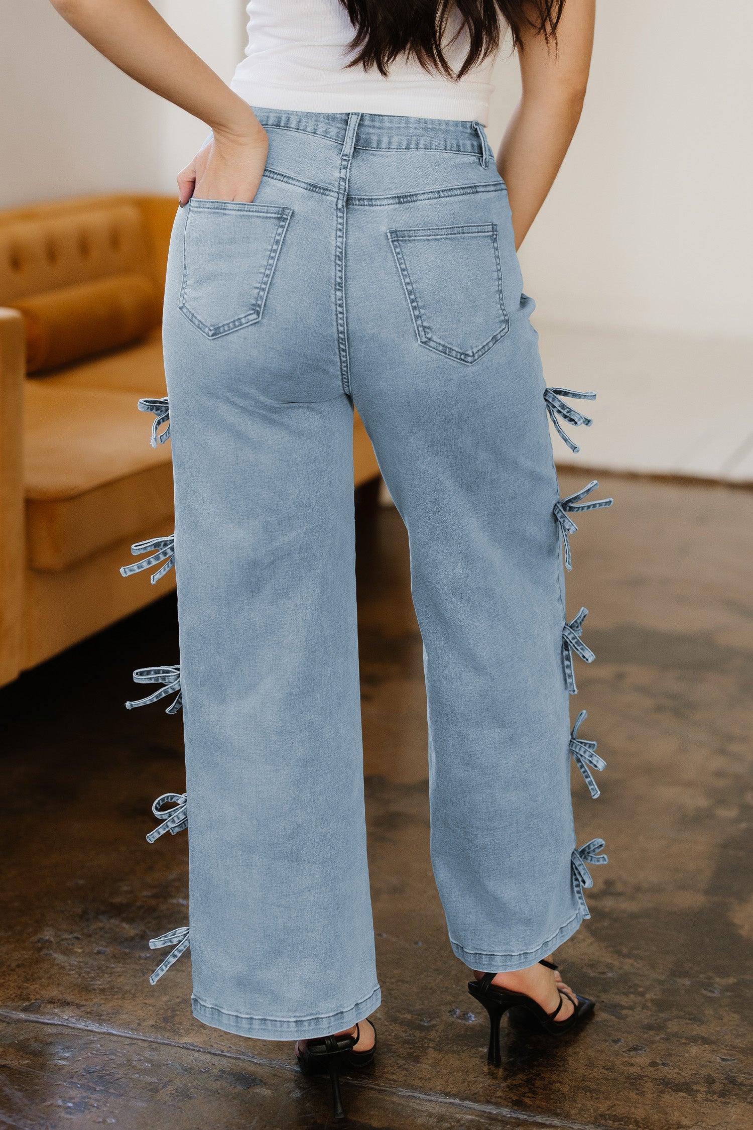 98% Cotton Beau Blue Bow Knot Side Detail Straight Leg Loose Jeans