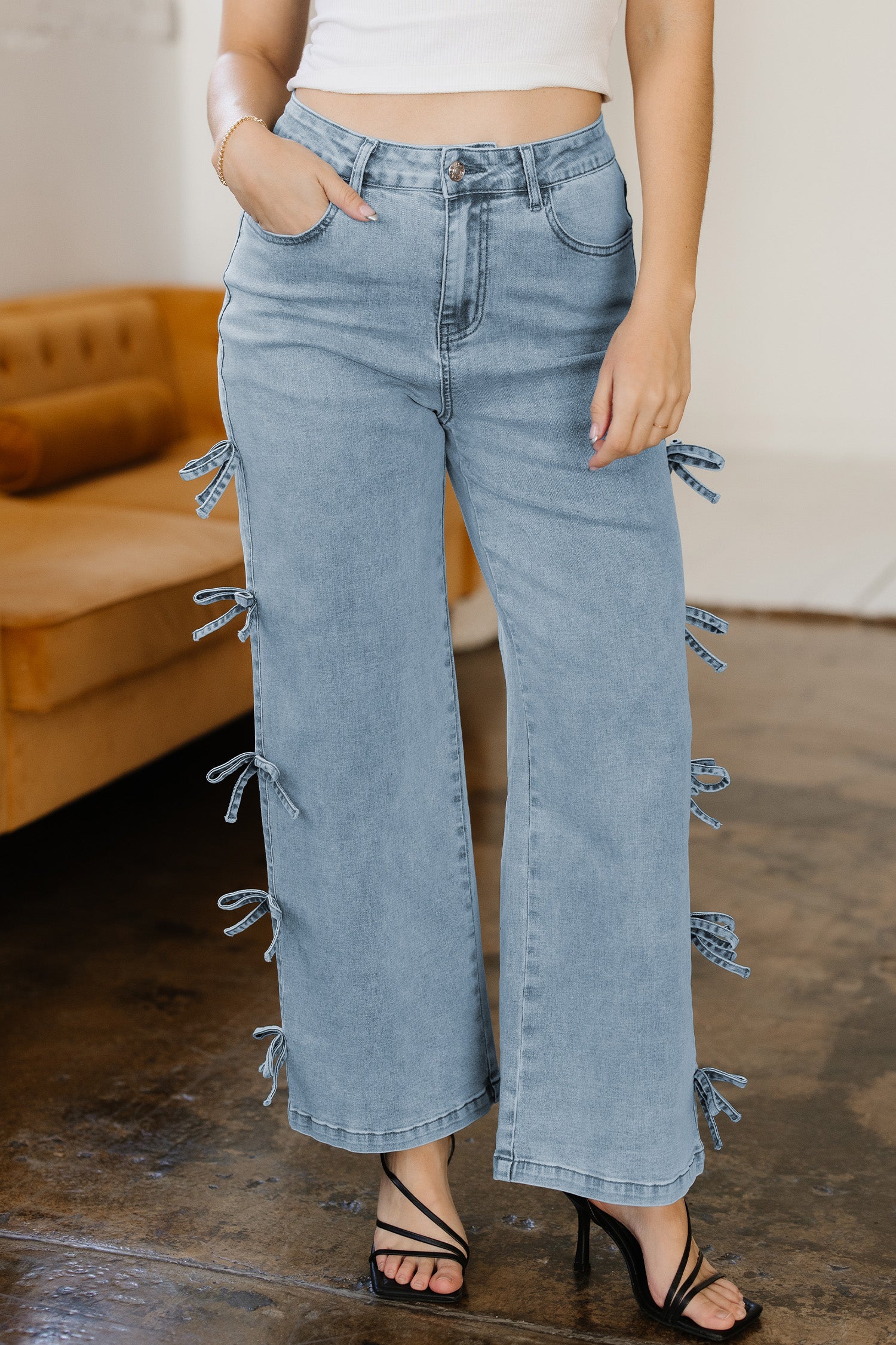 98% Cotton Beau Blue Bow Knot Side Detail Straight Leg Loose Jeans