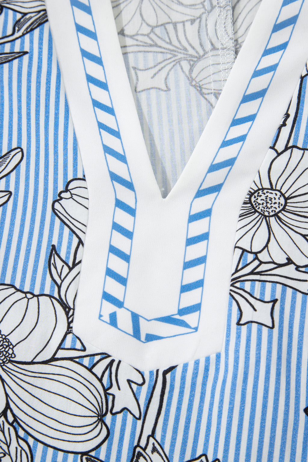 Sky Blue Floral Striped Polo Collar Short Sleeve Stretchy/Cotton Blouse