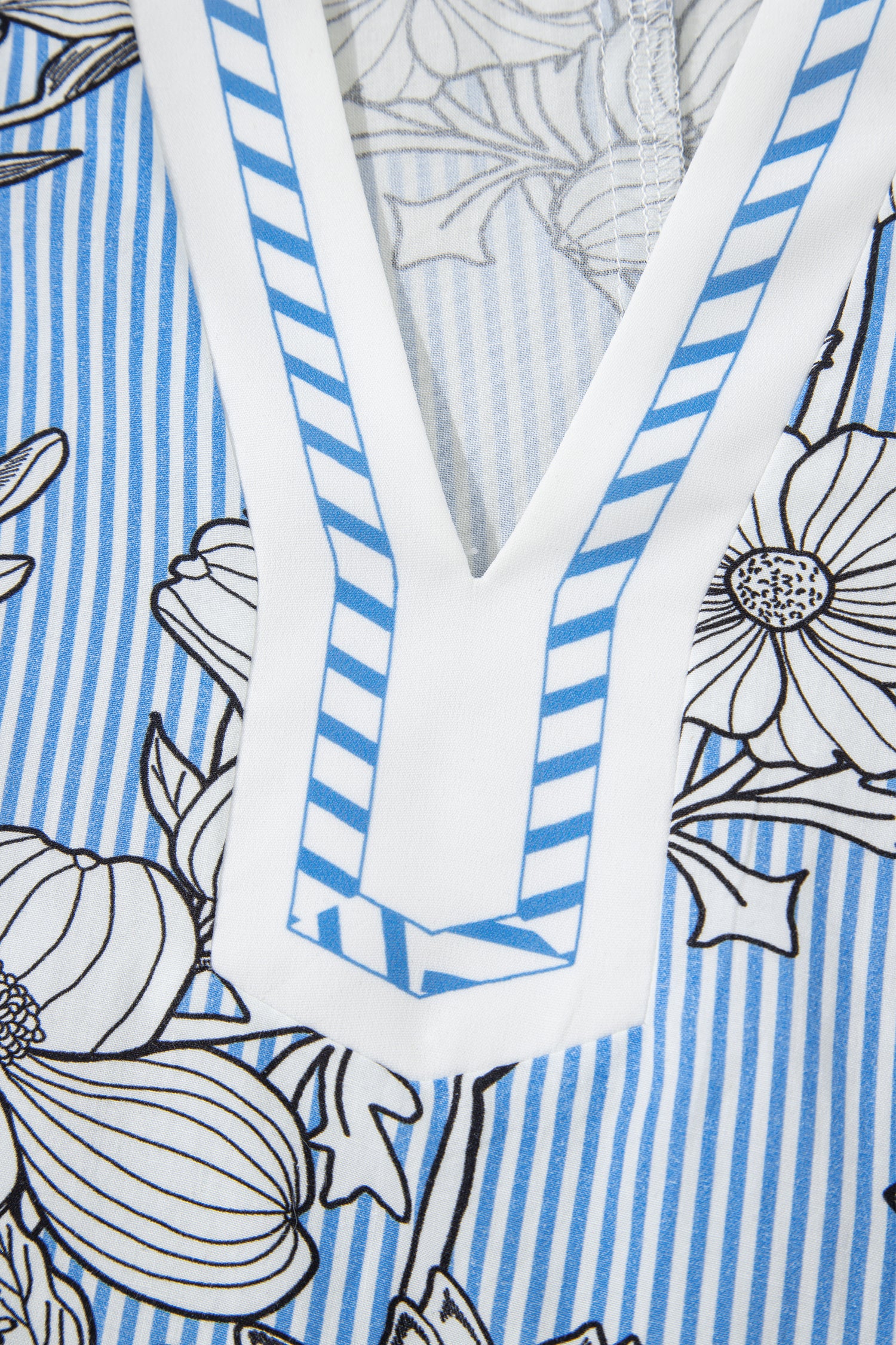 Sky Blue Floral Striped Polo Collar Short Sleeve Stretchy/Cotton Blouse