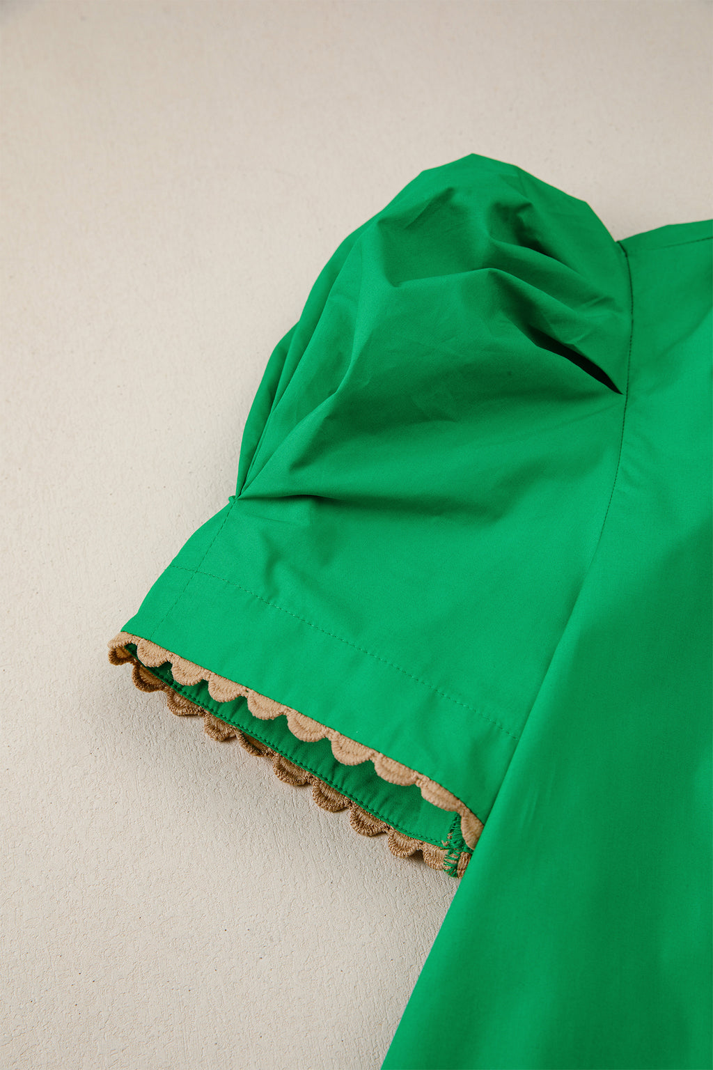 100% Cotton Green Trim Patchwork Collar Short Sleeve Blouse