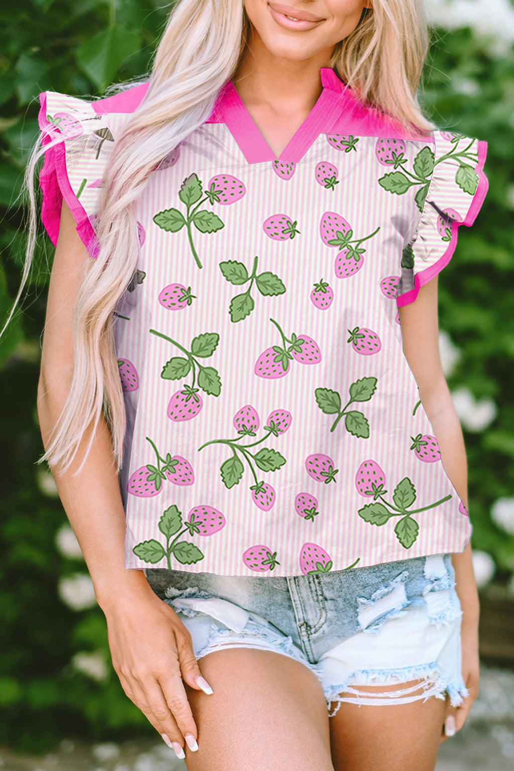 Cotton Blend Pink Striped Strawberry Printed Color Block Patchwork V Neck Flutter Sleeve Blouse