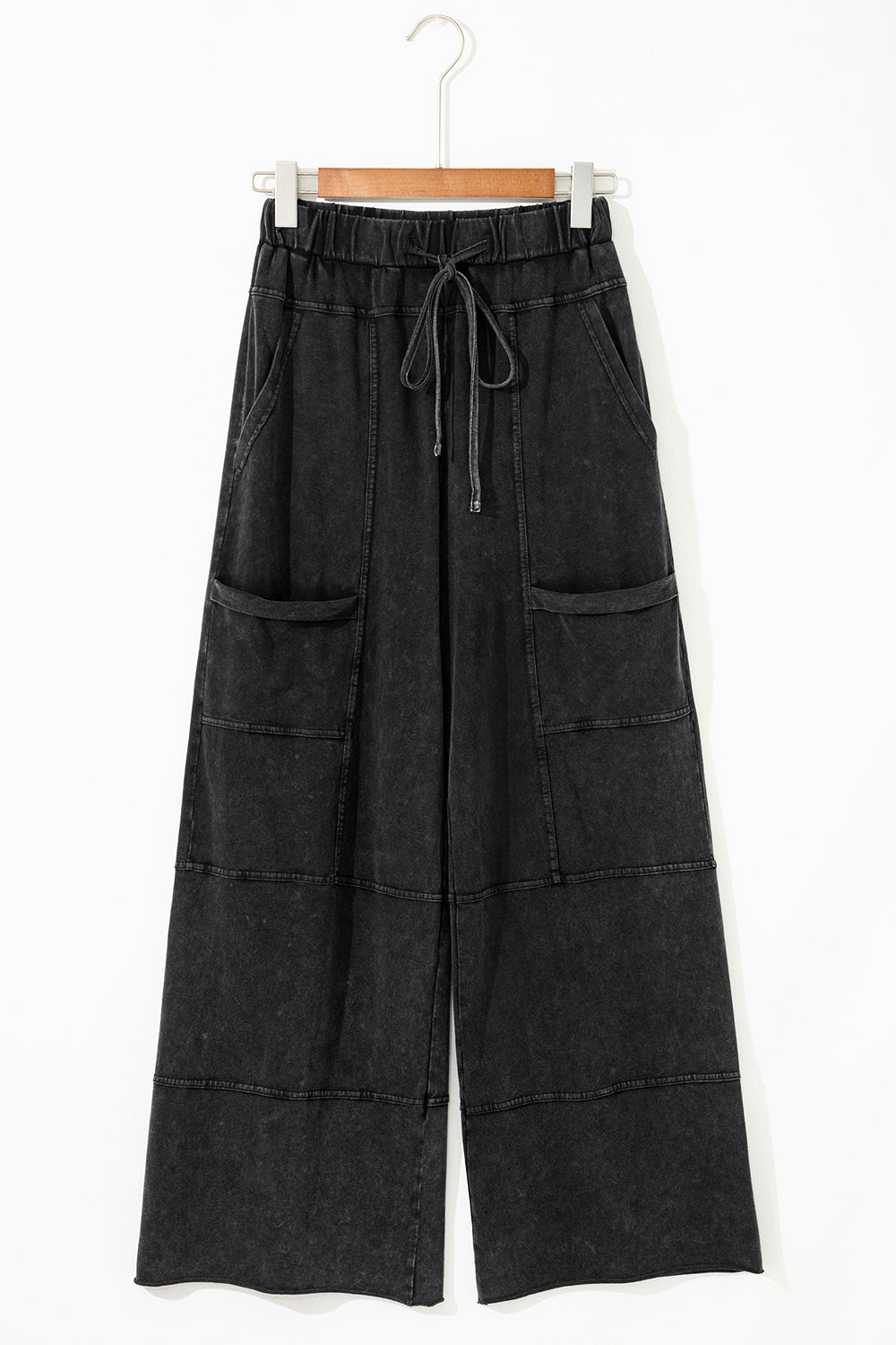 100% Cotton Black Exposed Seam Drawstring Elastic Waistband Wide Leg Pants