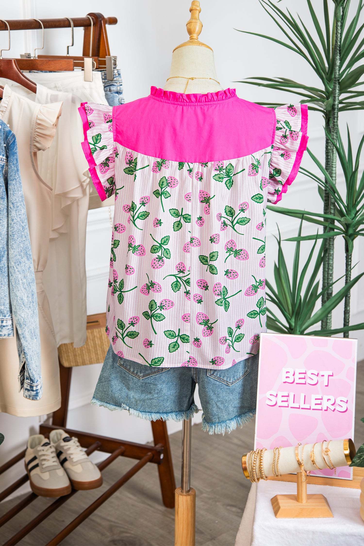 Cotton Blend Pink Striped Strawberry Printed Color Block Patchwork V Neck Flutter Sleeve Blouse