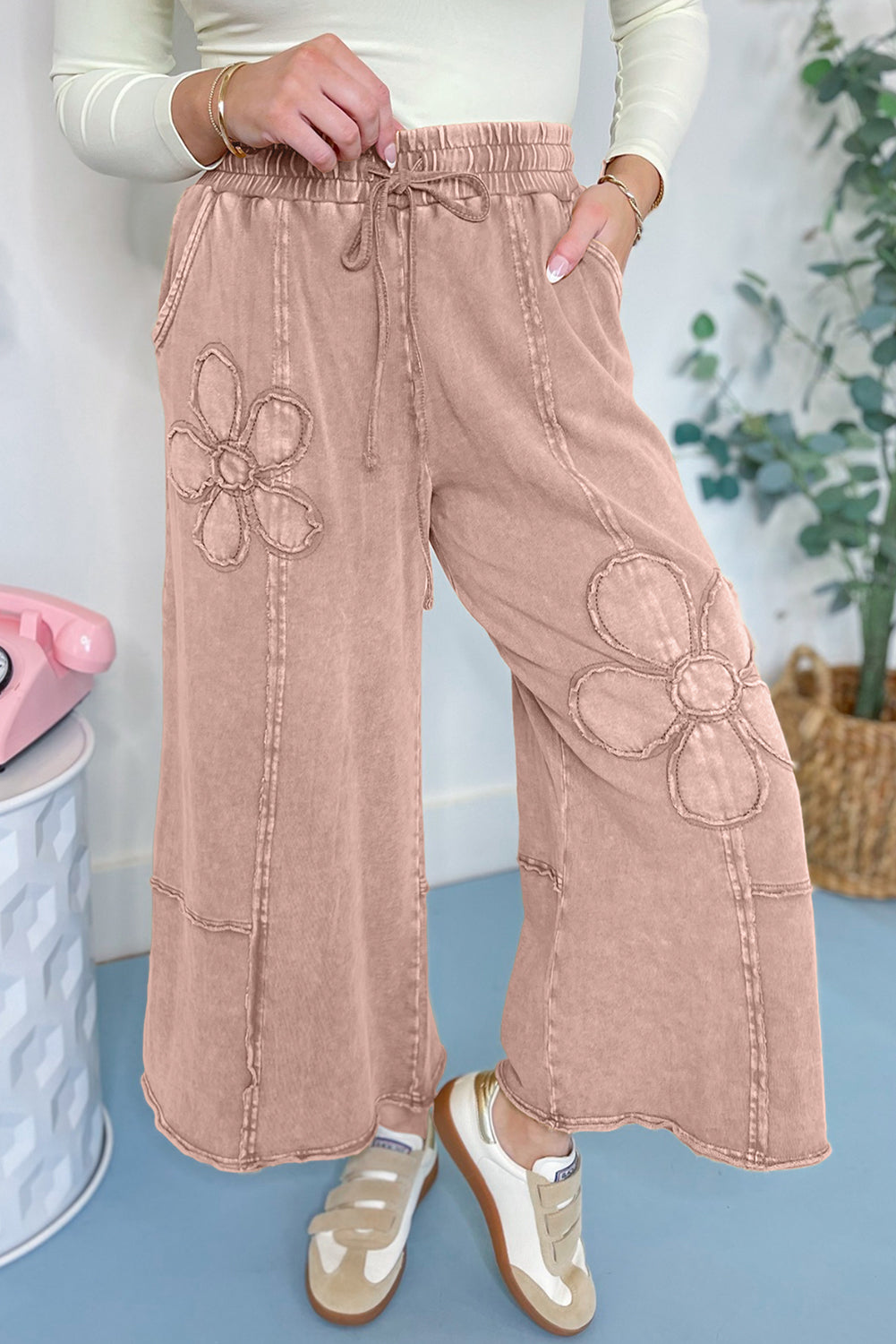 100% Cotton Flower Patch Mineral Washed Cropped Wide Leg Pants