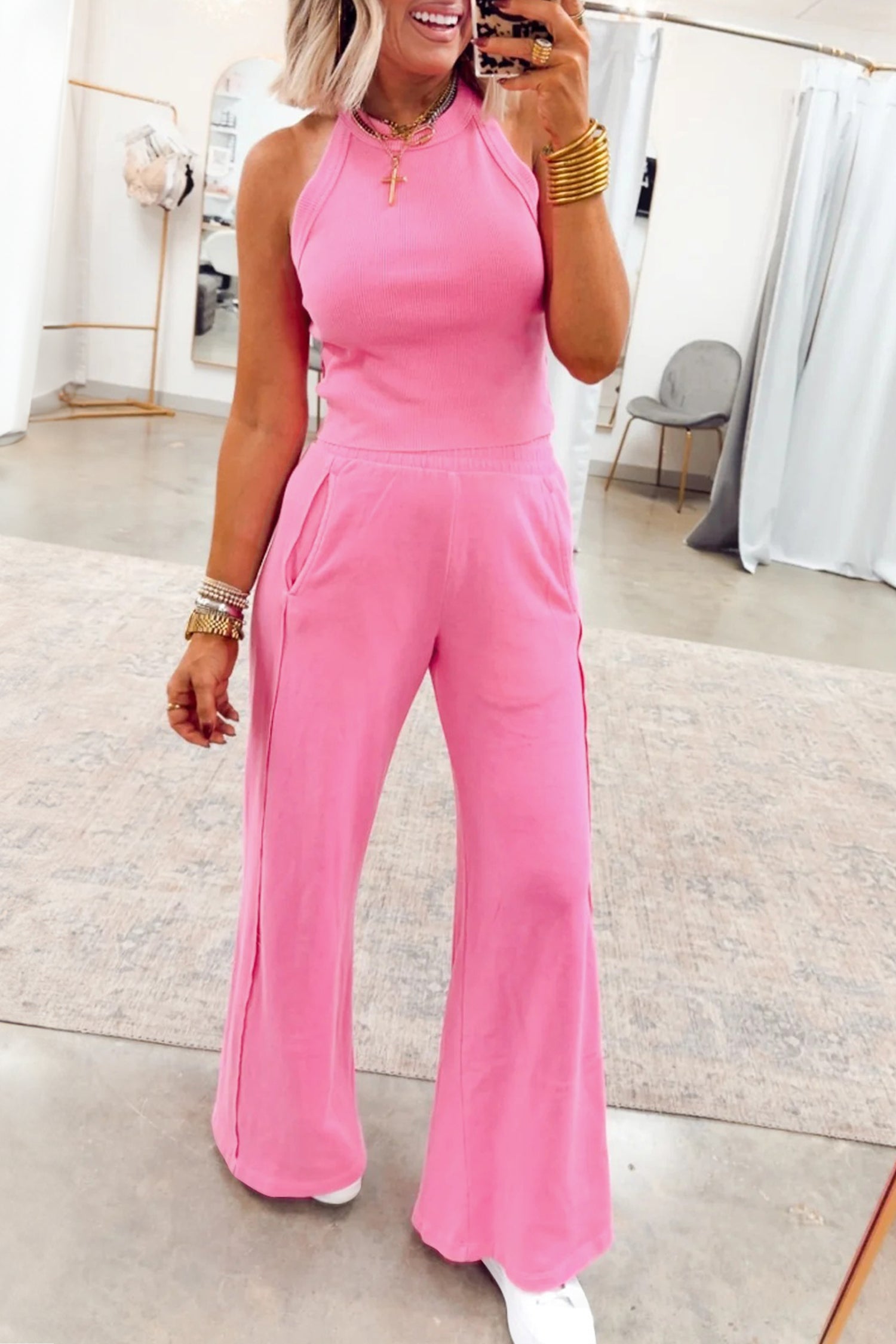 Elastic Sachet Pink Ribbed Tank Top and Sweatpants Set