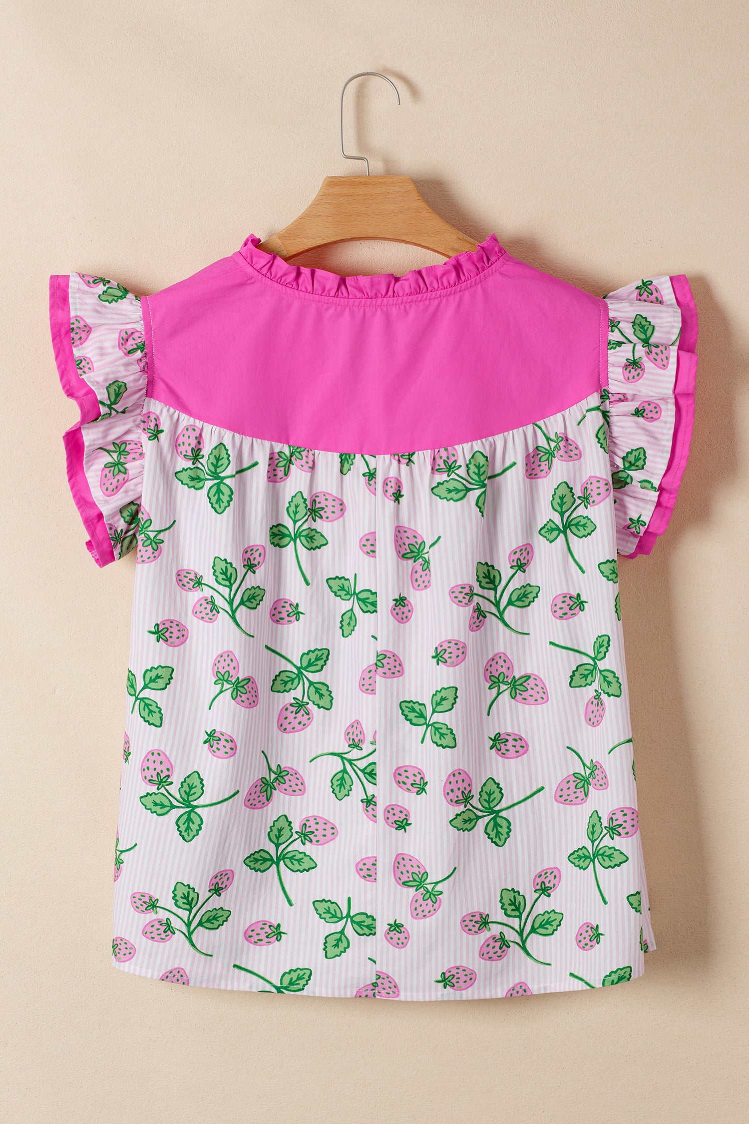 Cotton Blend Pink Striped Strawberry Printed Color Block Patchwork V Neck Flutter Sleeve Blouse