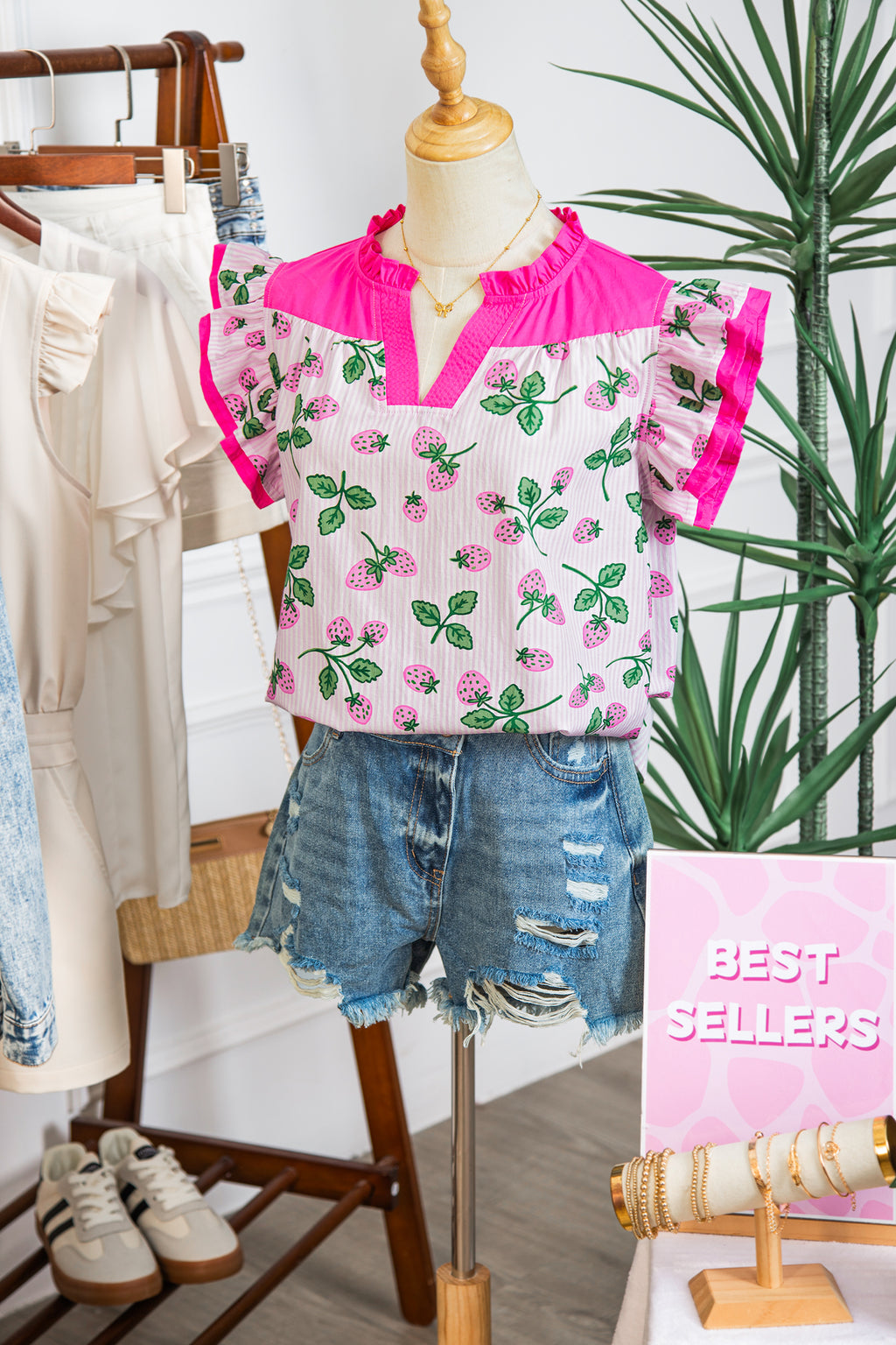 Cotton Blend Pink Striped Strawberry Printed Color Block Patchwork V Neck Flutter Sleeve Blouse
