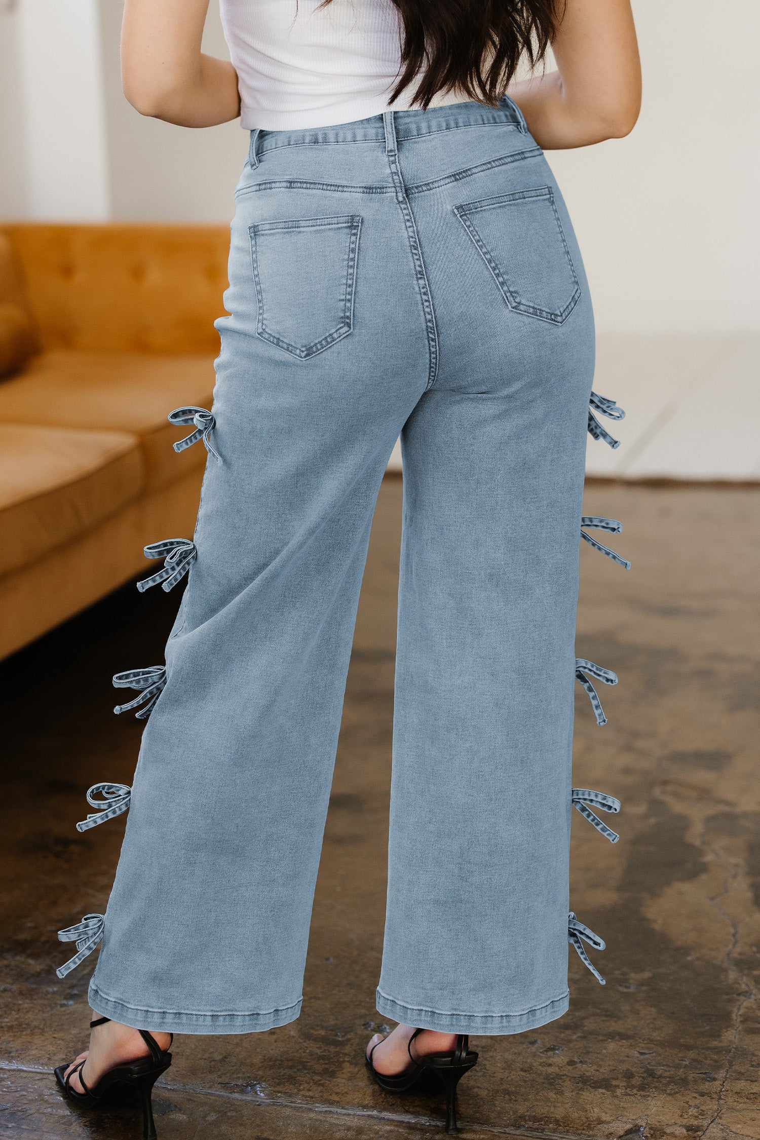 98% Cotton Beau Blue Bow Knot Side Detail Straight Leg Loose Jeans