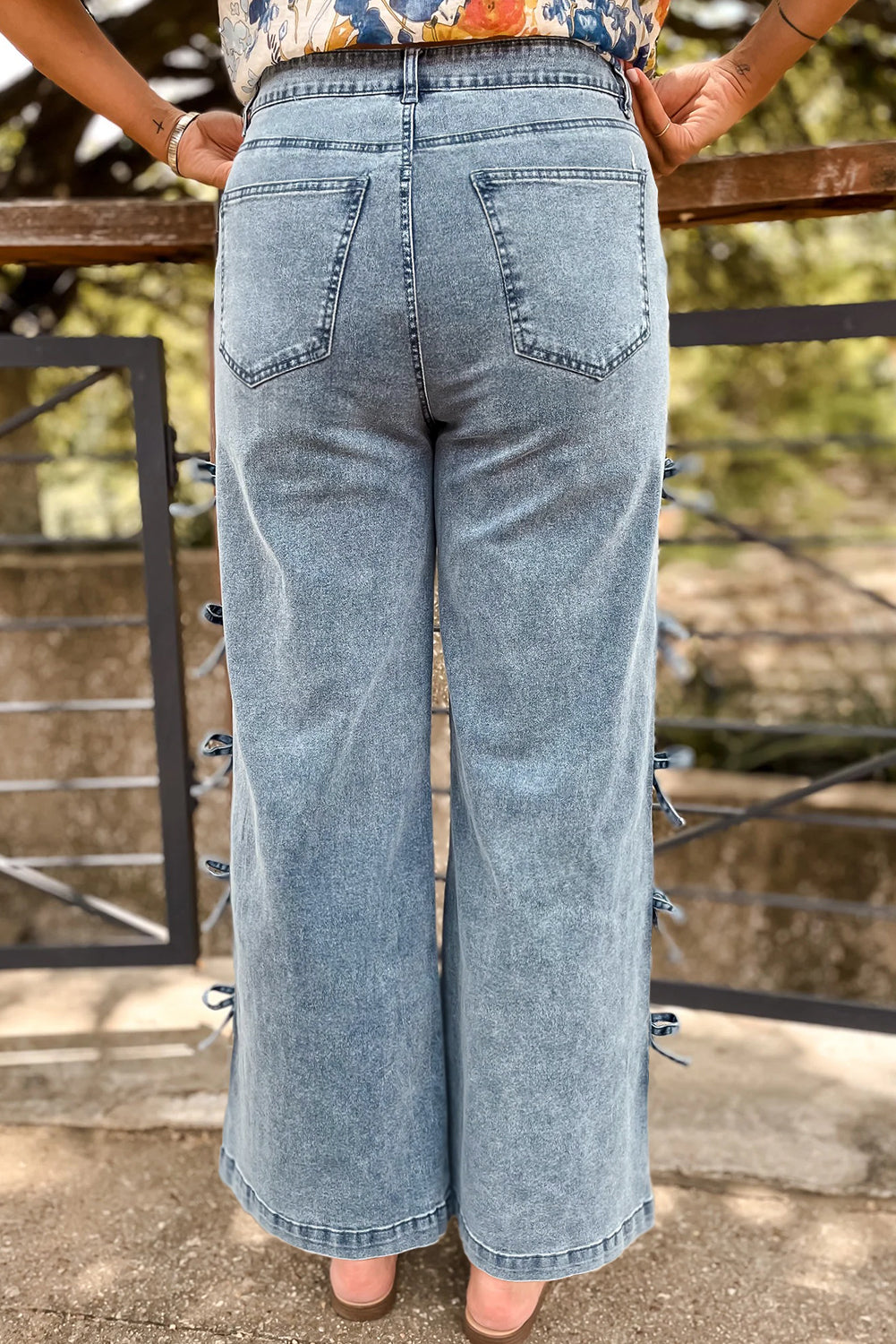 98% Cotton Beau Blue Bow Knot Side Detail Straight Leg Loose Jeans