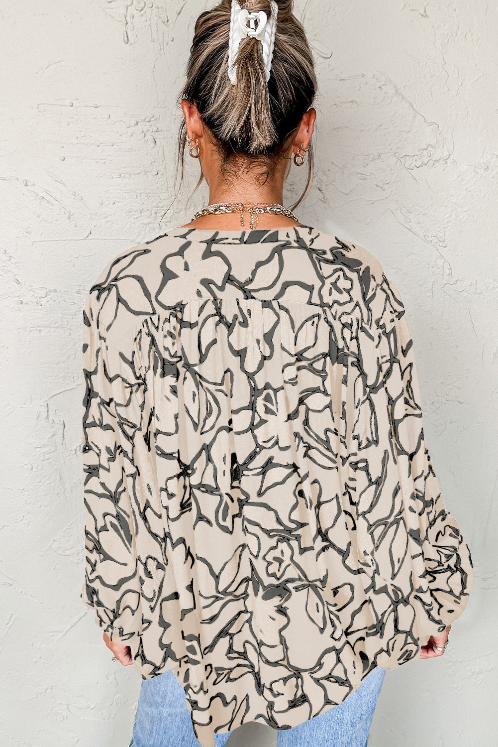Gray Floral Print Batwing Sleeve Buttoned Loose Fit Shirt