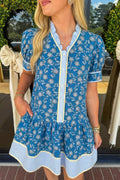 100% Cotton Blue Striped Trim Half Buttons Short Sleeve Floral Dress