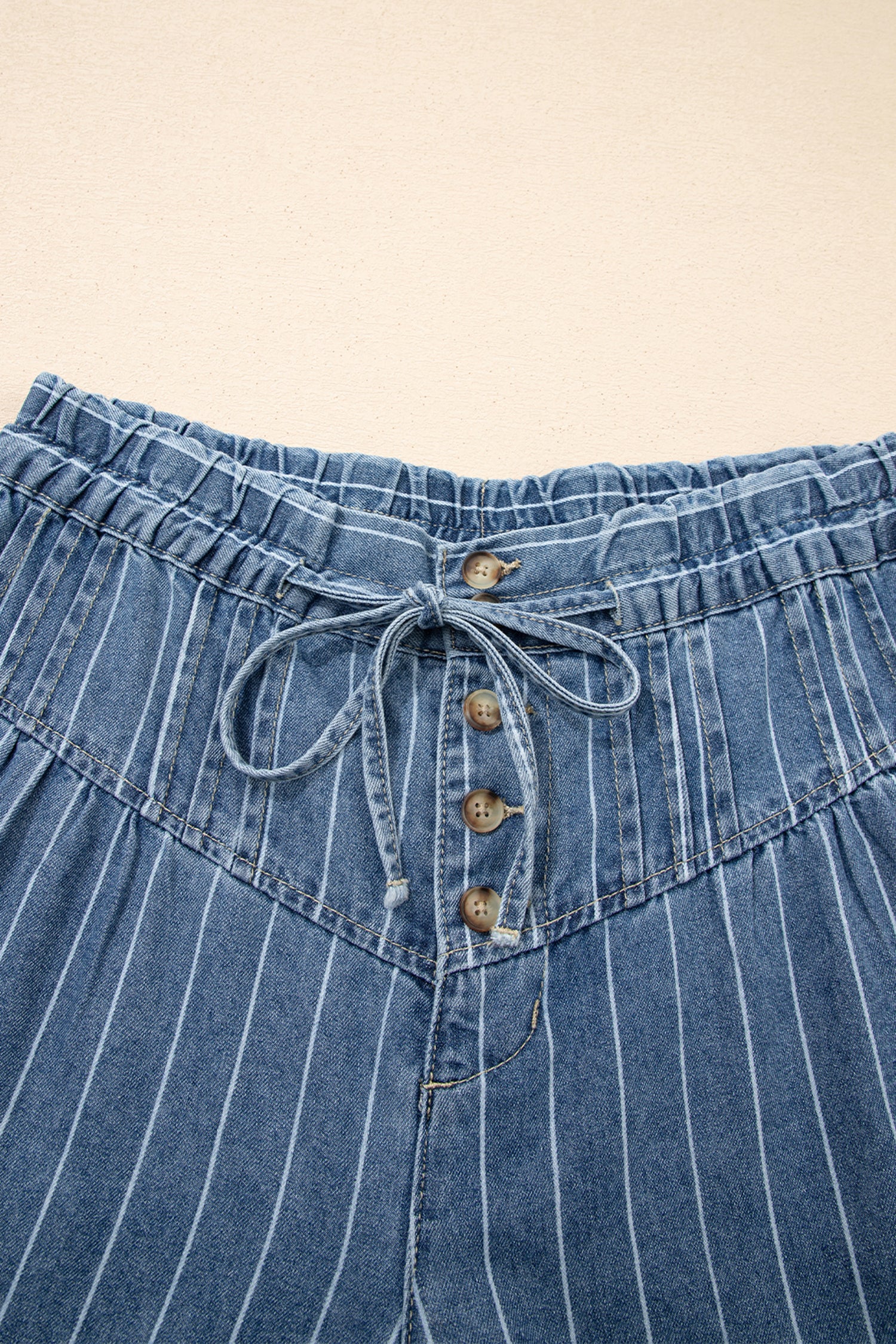 Mostly Cotton Sky Blue Stripe Button Pleated Drawstring Wide Leg Jeans