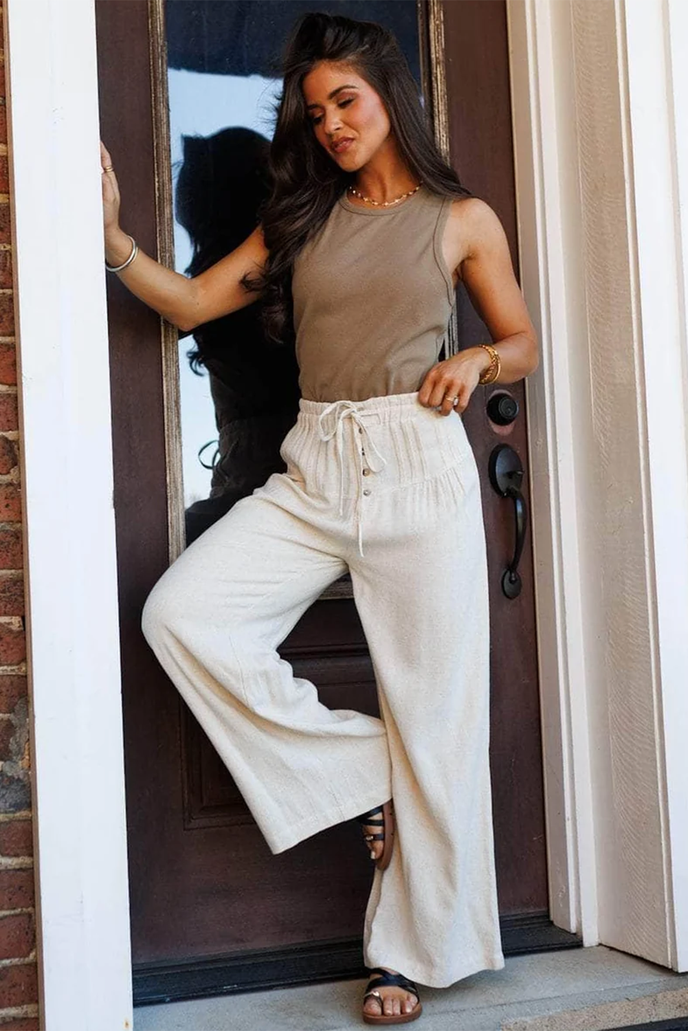 Breathable Drawstring Elastic Waist Button Pleated Detail Wide Leg Pants