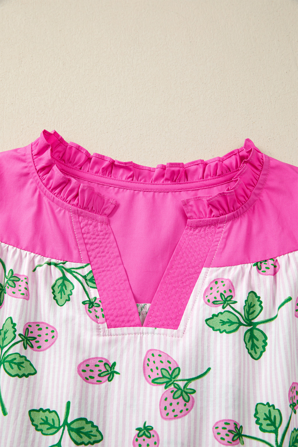 Cotton Blend Pink Striped Strawberry Printed Color Block Patchwork V Neck Flutter Sleeve Blouse
