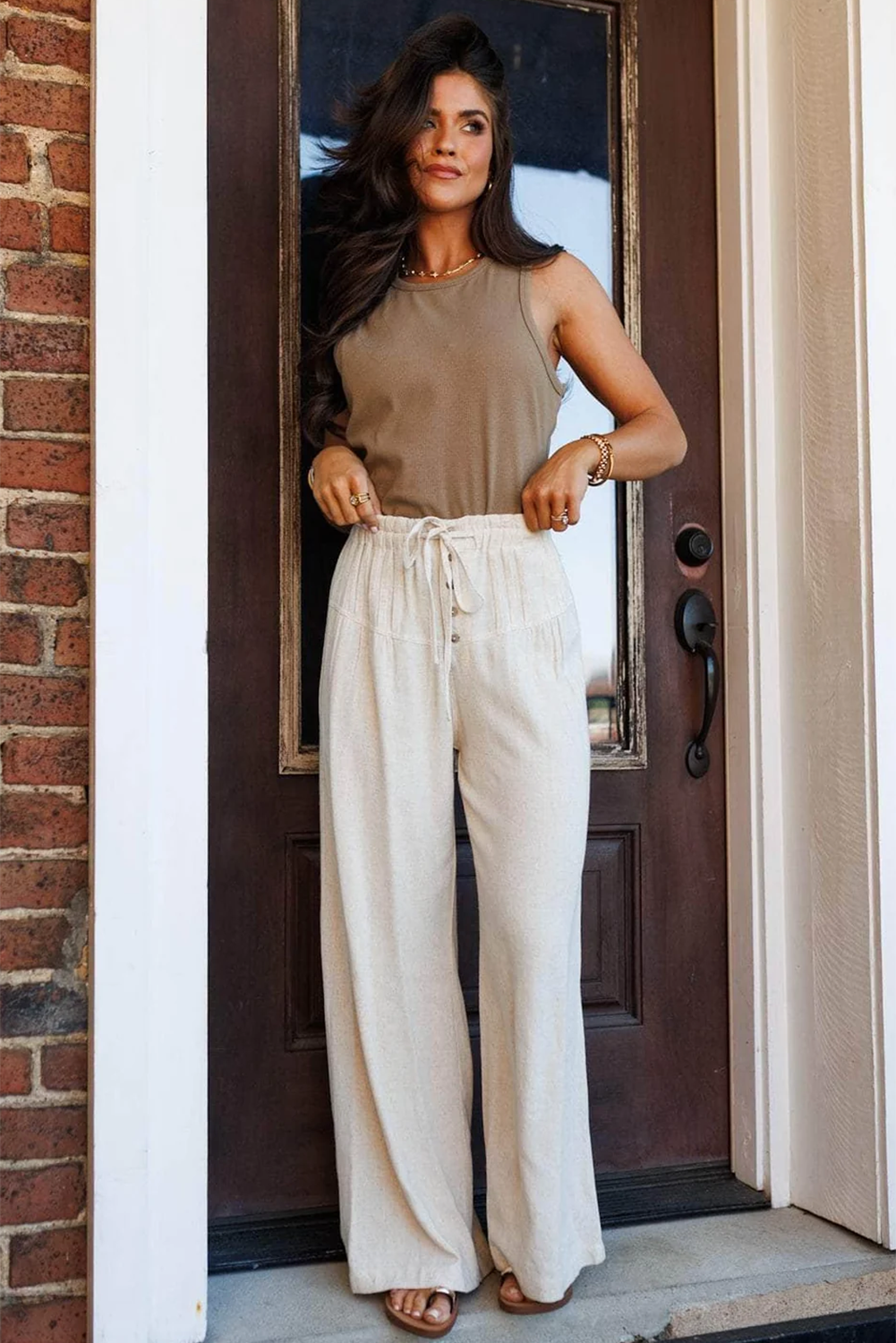 Breathable Drawstring Elastic Waist Button Pleated Detail Wide Leg Pants