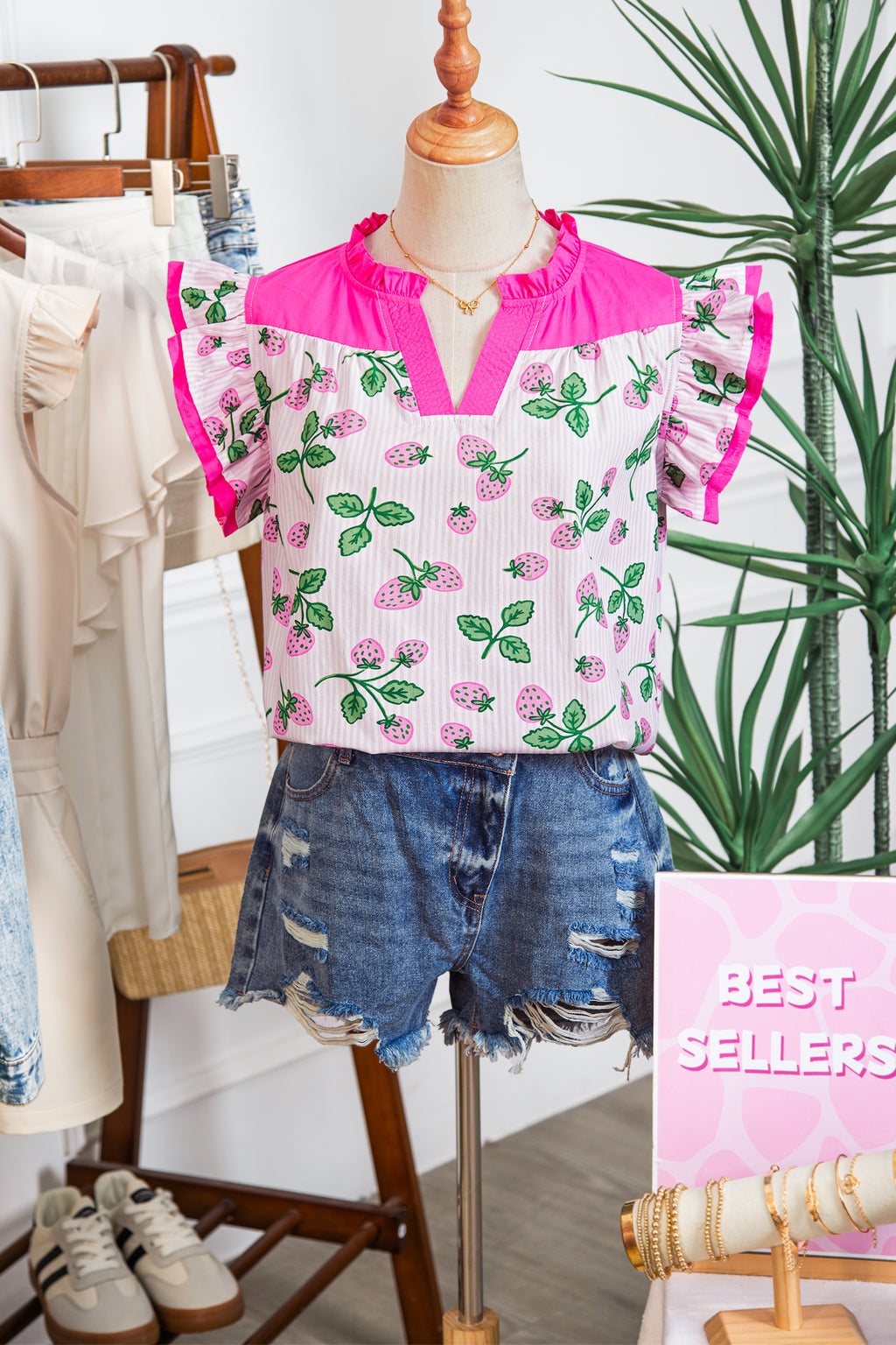 Cotton Blend Pink Striped Strawberry Printed Color Block Patchwork V Neck Flutter Sleeve Blouse
