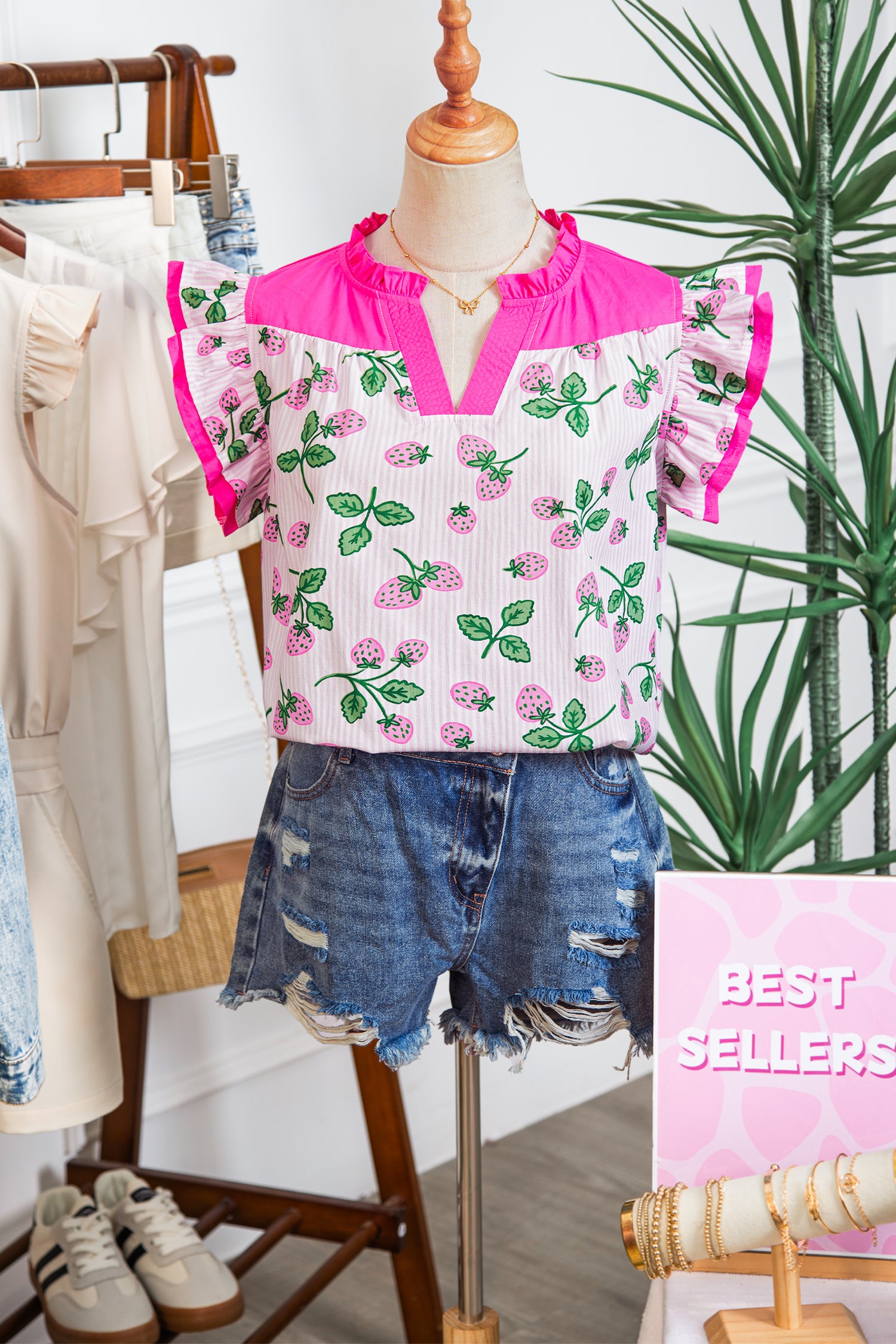 Cotton Blend Pink Striped Strawberry Printed Color Block Patchwork V Neck Flutter Sleeve Blouse