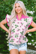 Cotton Blend Pink Striped Strawberry Printed Color Block Patchwork V Neck Flutter Sleeve Blouse