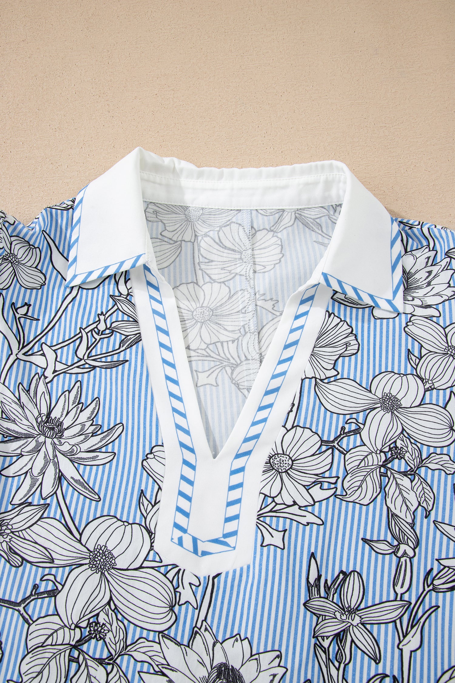 Sky Blue Floral Striped Polo Collar Short Sleeve Stretchy/Cotton Blouse
