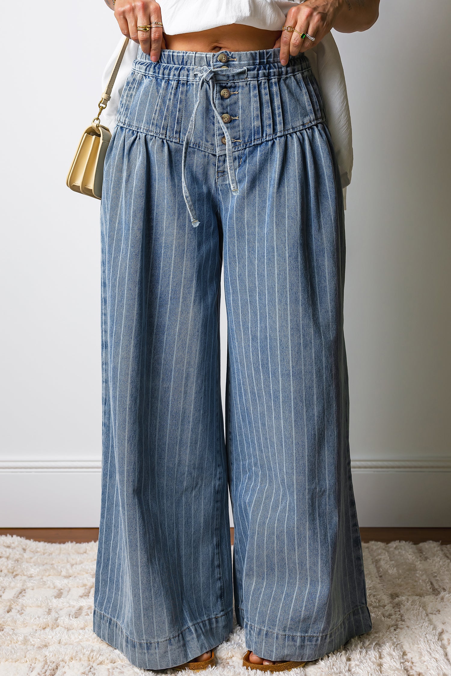Mostly Cotton Sky Blue Stripe Button Pleated Drawstring Wide Leg Jeans