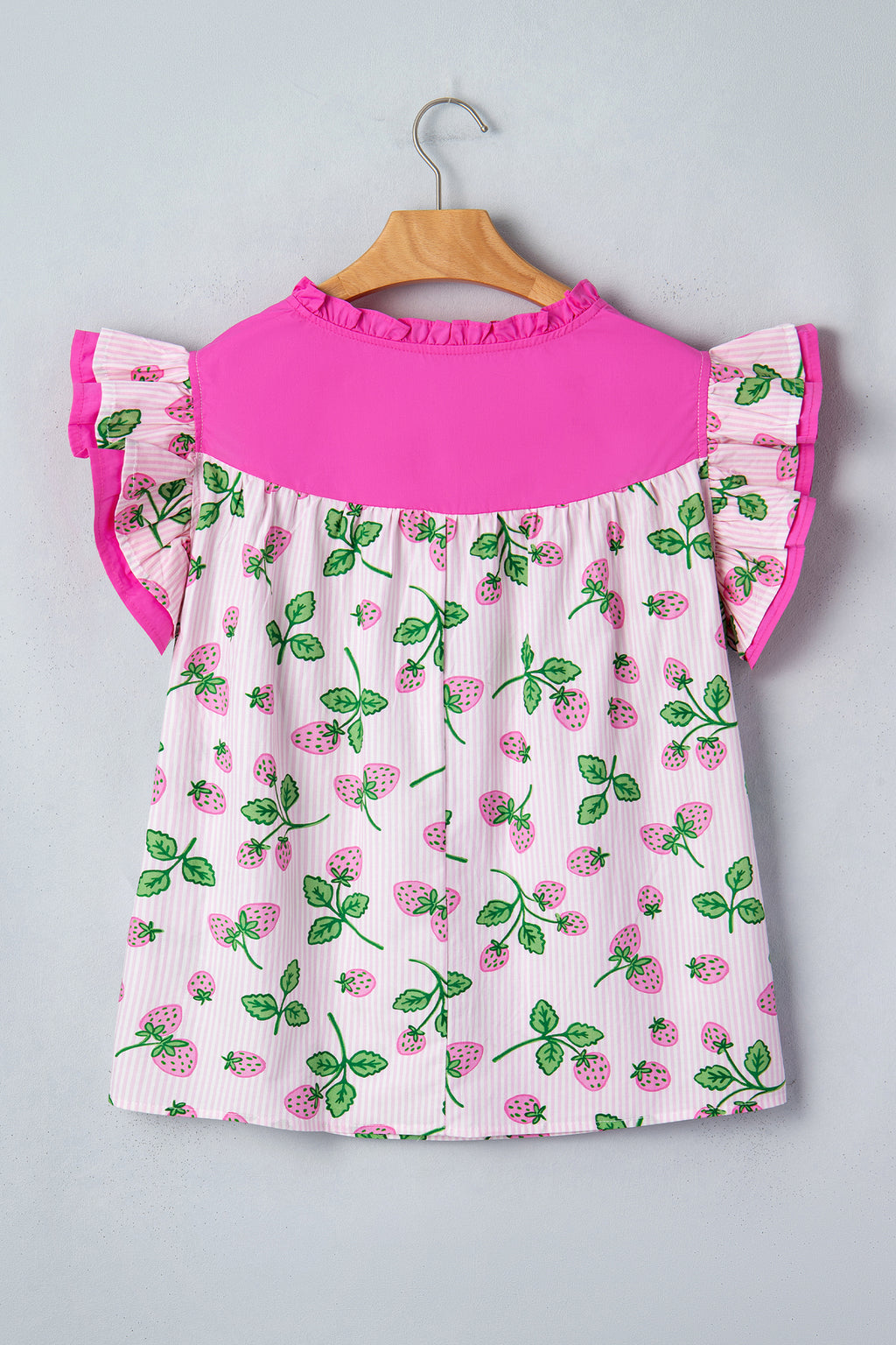 Cotton Blend Pink Striped Strawberry Printed Color Block Patchwork V Neck Flutter Sleeve Blouse