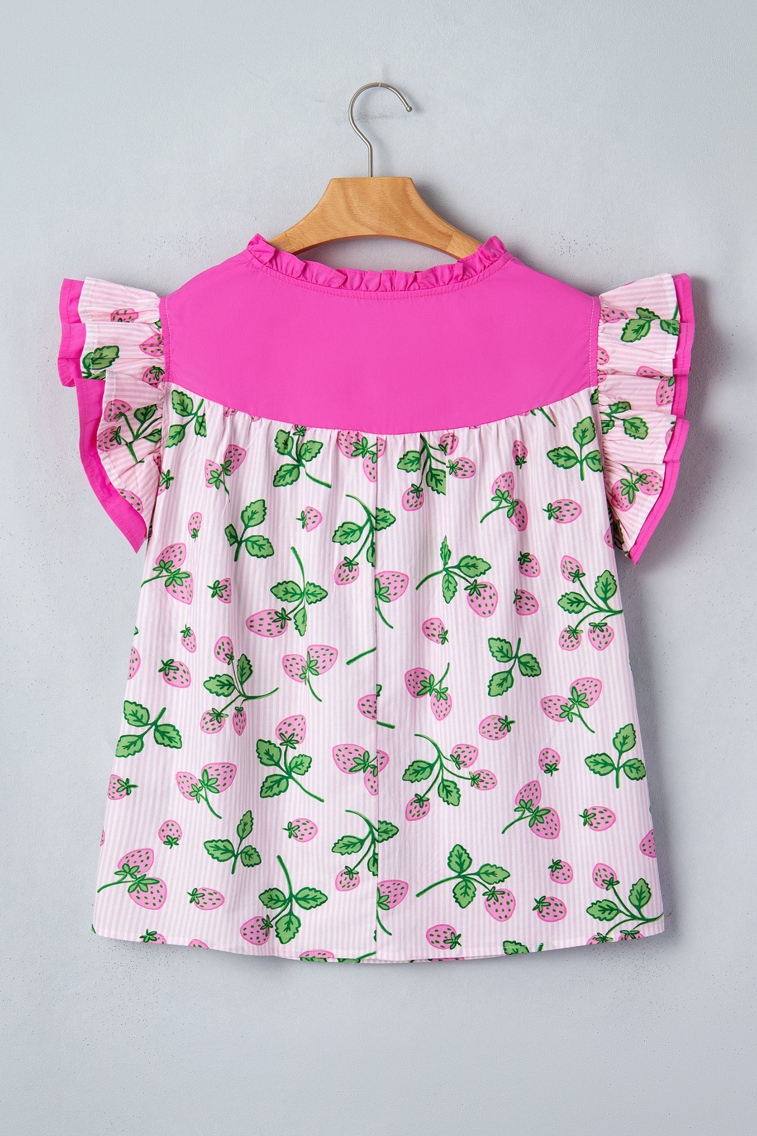 Cotton Blend Pink Striped Strawberry Printed Color Block Patchwork V Neck Flutter Sleeve Blouse