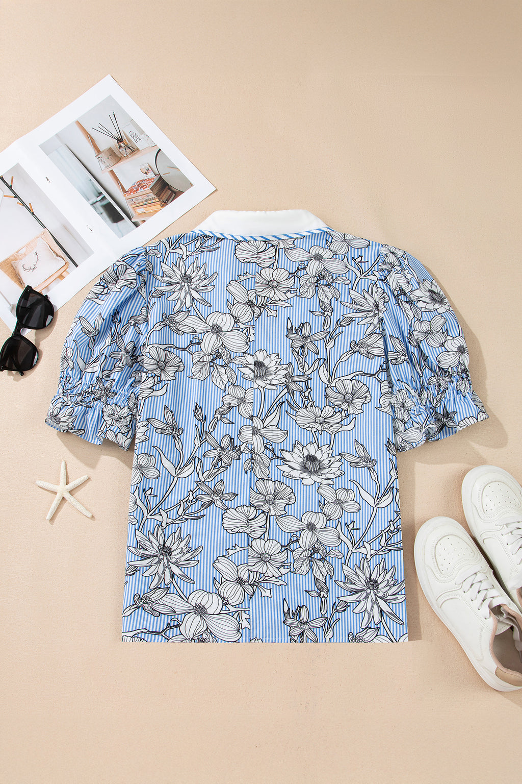 Sky Blue Floral Striped Polo Collar Short Sleeve Stretchy/Cotton Blouse
