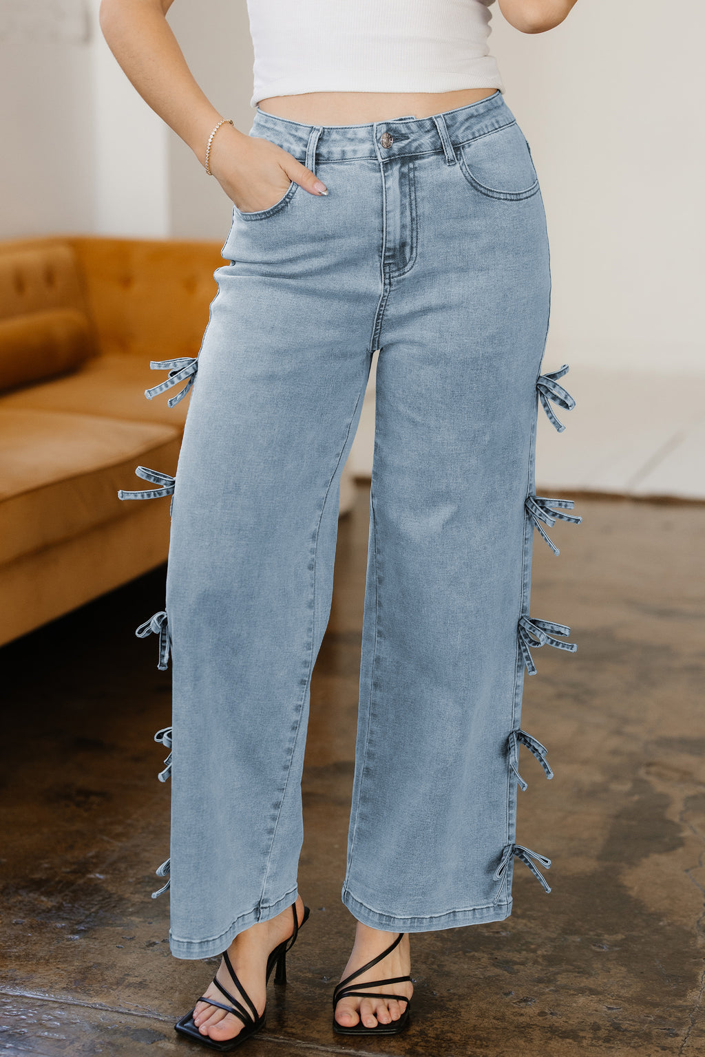 98% Cotton Beau Blue Bow Knot Side Detail Straight Leg Loose Jeans