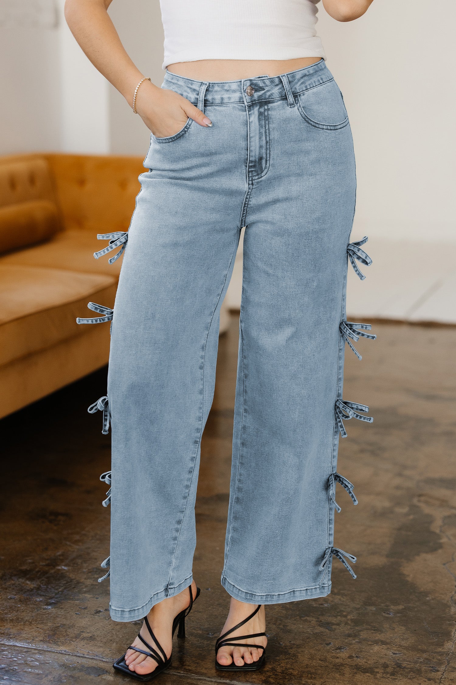98% Cotton Beau Blue Bow Knot Side Detail Straight Leg Loose Jeans