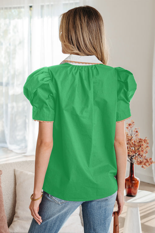 100% Cotton Green Trim Patchwork Collar Short Sleeve Blouse