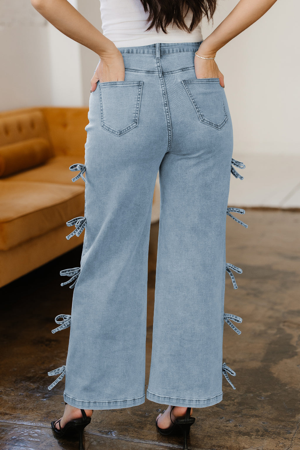 98% Cotton Beau Blue Bow Knot Side Detail Straight Leg Loose Jeans