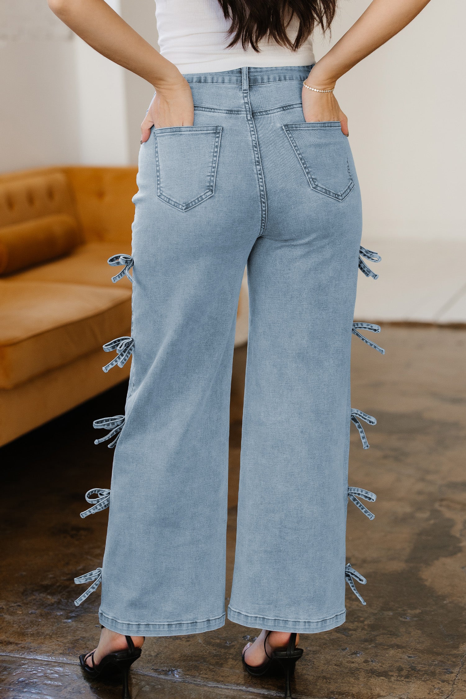 98% Cotton Beau Blue Bow Knot Side Detail Straight Leg Loose Jeans