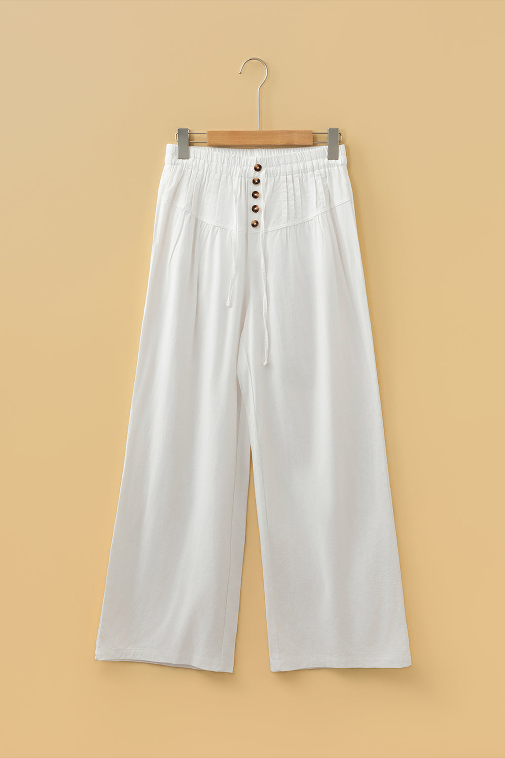 Breathable Drawstring Elastic Waist Button Pleated Detail Wide Leg Pants