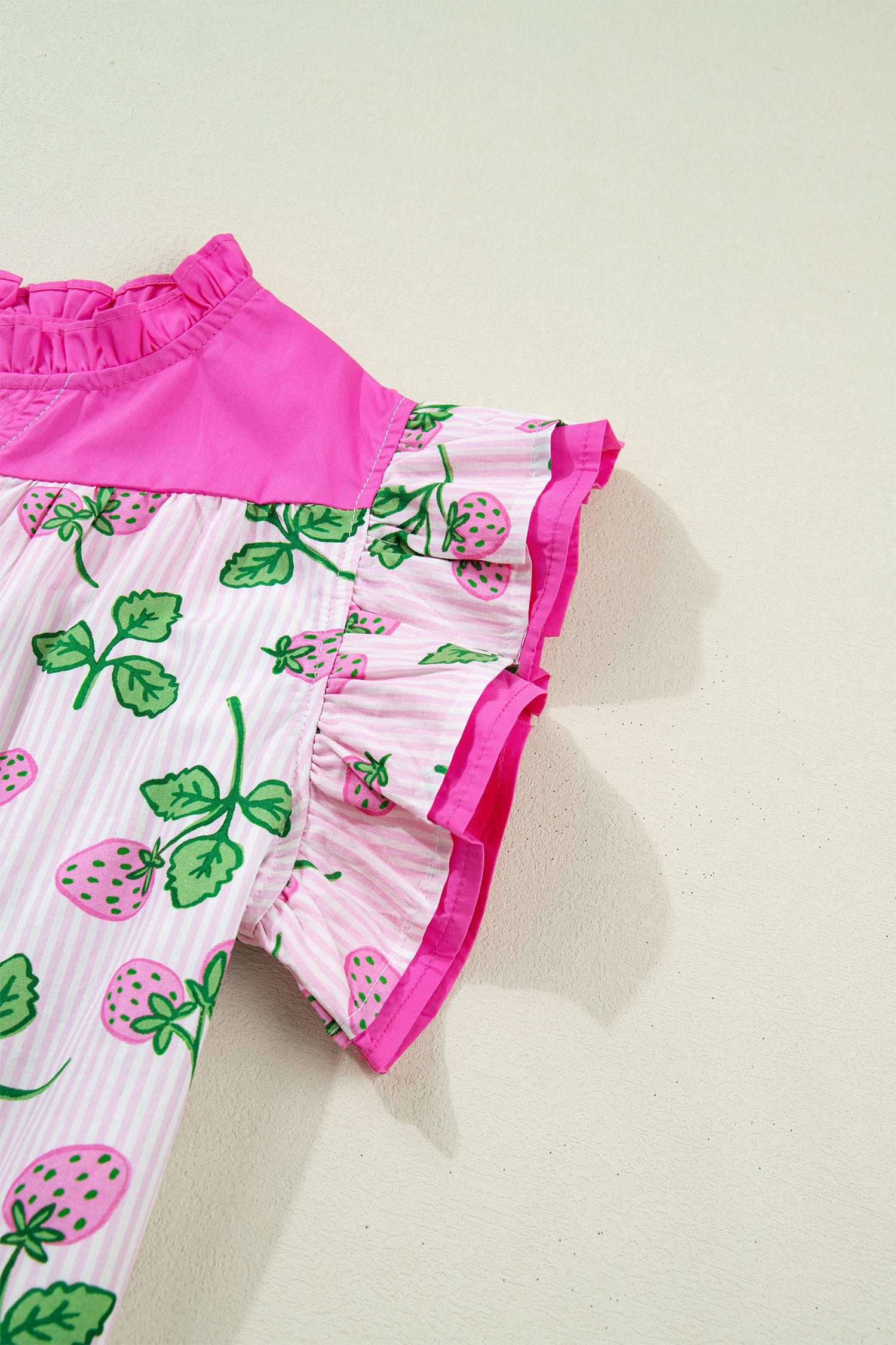 Cotton Blend Pink Striped Strawberry Printed Color Block Patchwork V Neck Flutter Sleeve Blouse