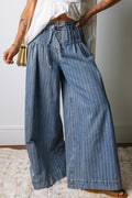 Mostly Cotton Sky Blue Stripe Button Pleated Drawstring Wide Leg Jeans