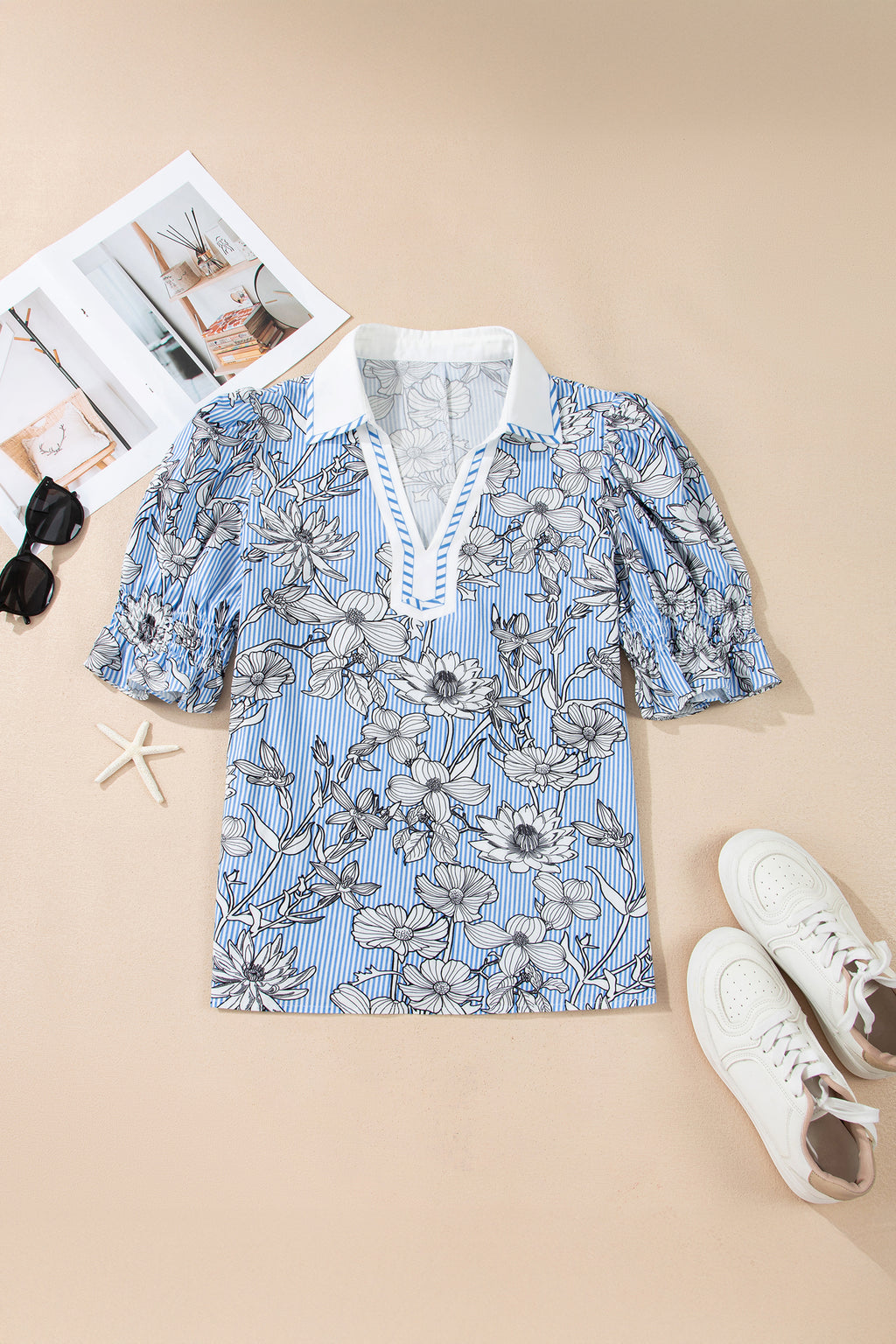 Sky Blue Floral Striped Polo Collar Short Sleeve Stretchy/Cotton Blouse