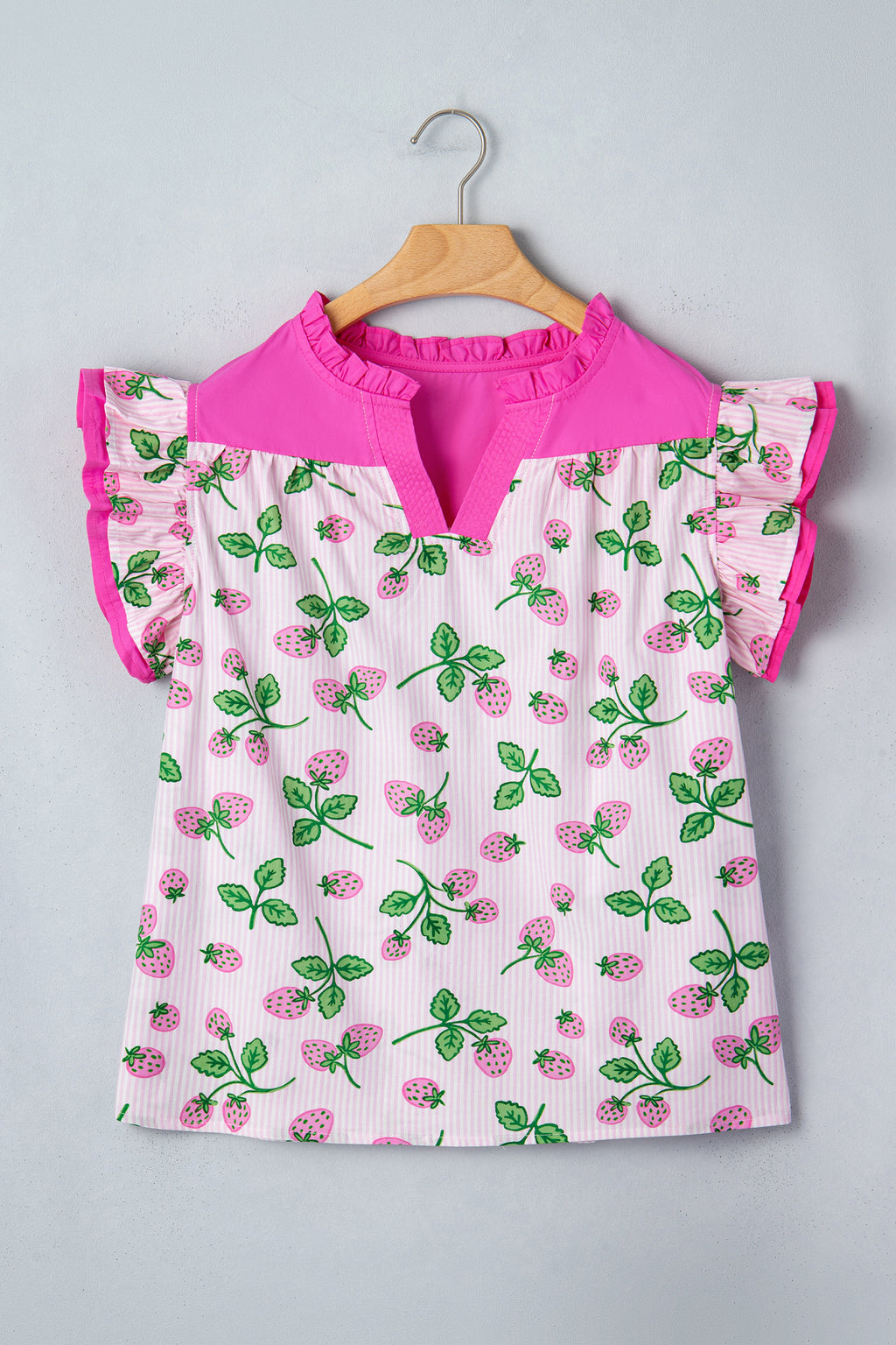 Cotton Blend Pink Striped Strawberry Printed Color Block Patchwork V Neck Flutter Sleeve Blouse