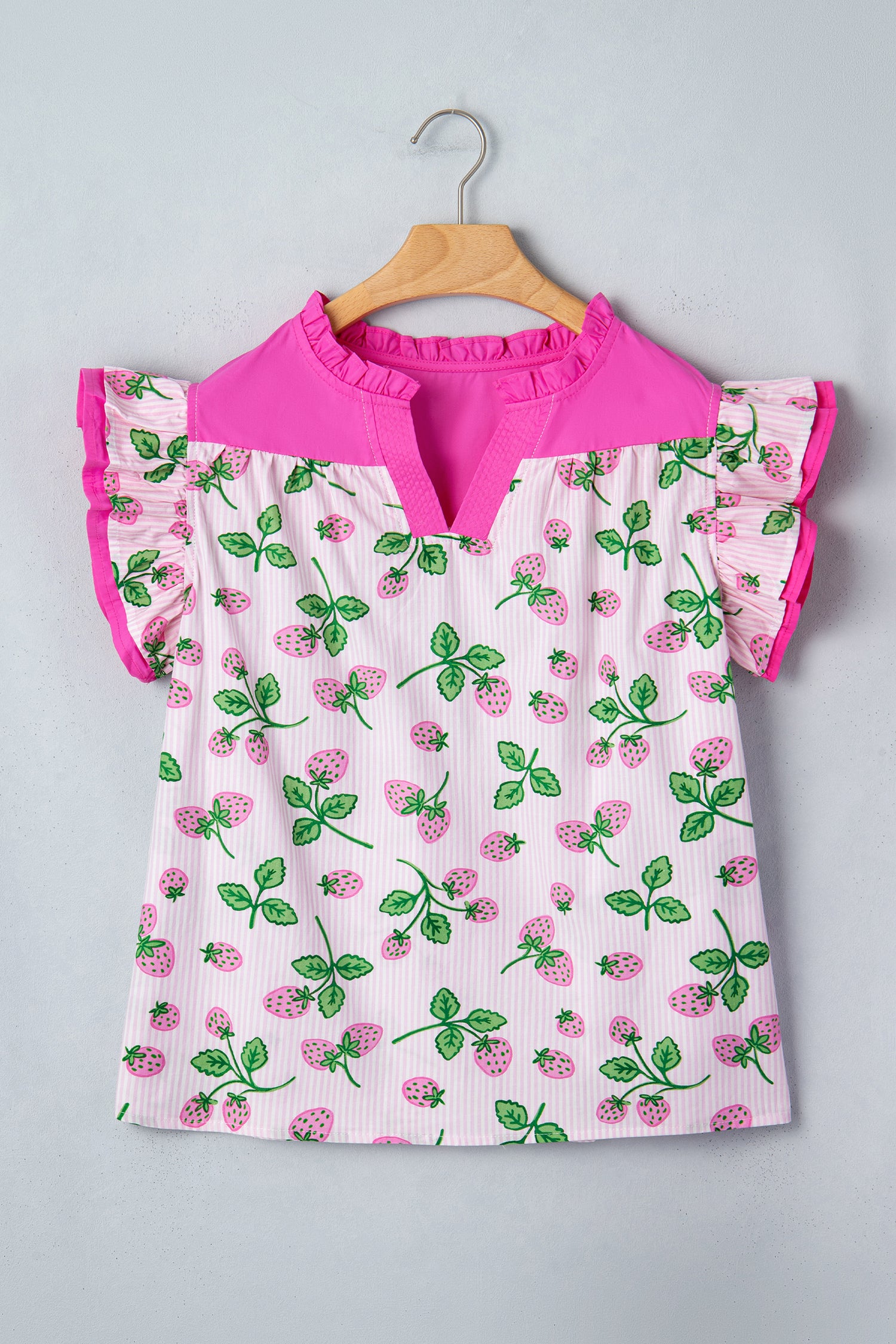 Cotton Blend Pink Striped Strawberry Printed Color Block Patchwork V Neck Flutter Sleeve Blouse